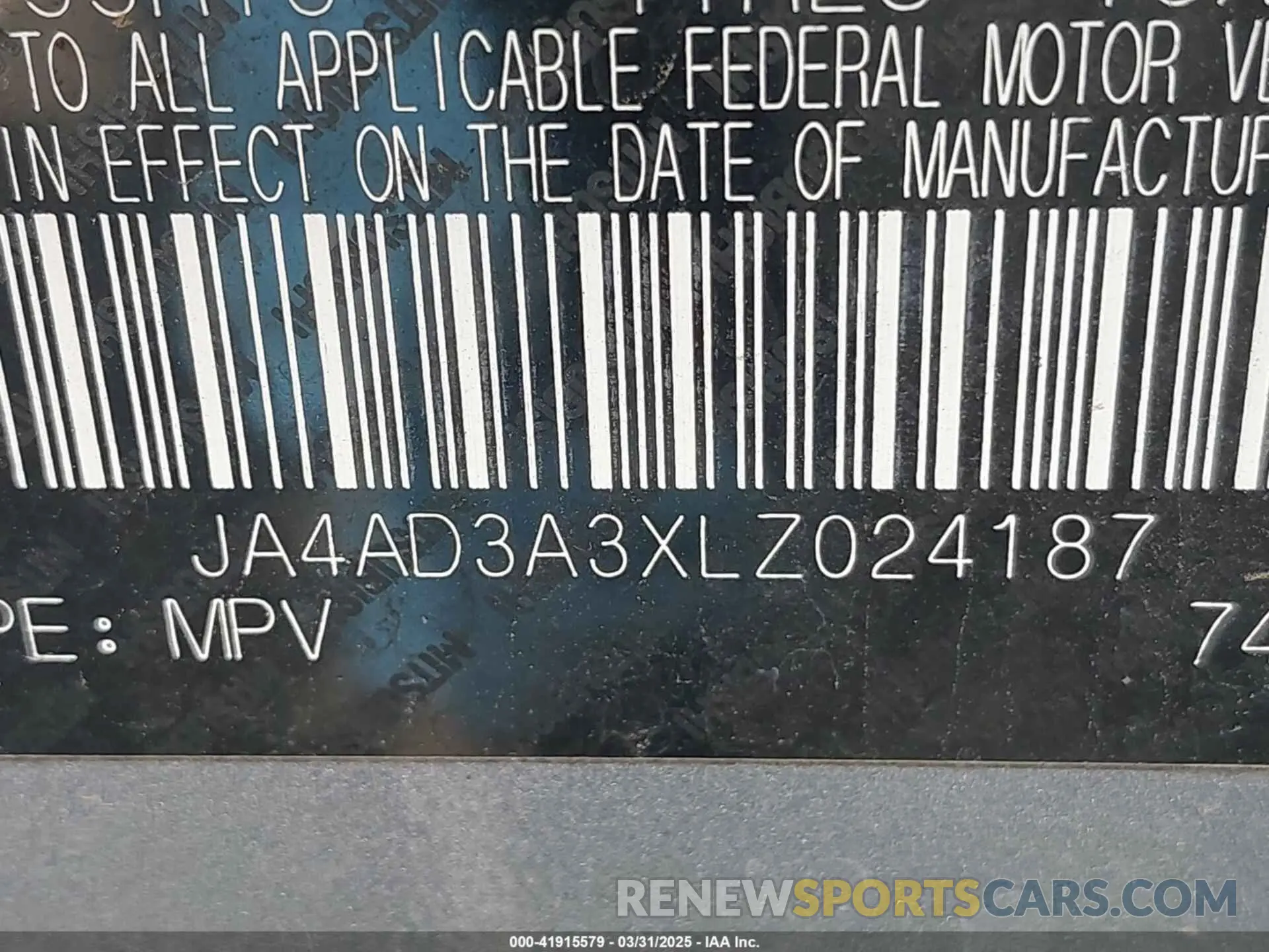 9 fotografías del automóvil dañado JA4AD3A3XLZ024187 MITSUBISHI OUTLANDER 2020