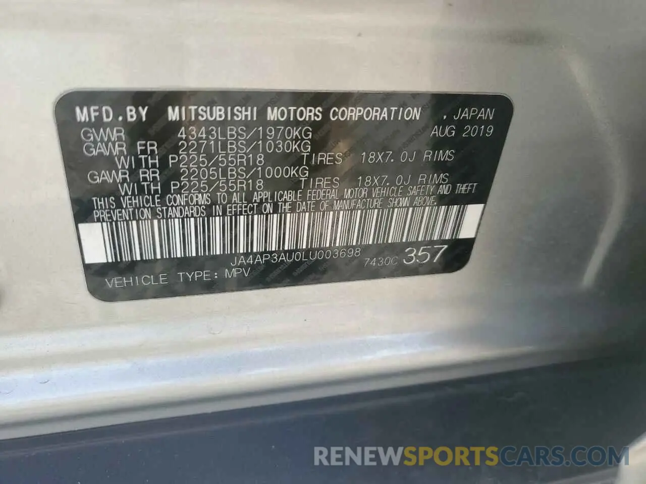 12 fotografías del automóvil dañado JA4AP3AU0LU003698 MITSUBISHI OUTLANDER 2020