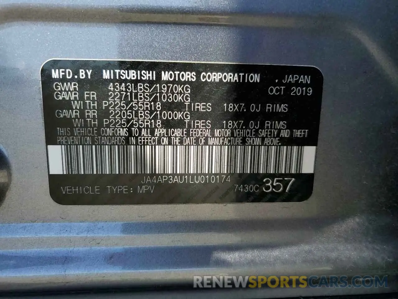 13 fotografías del automóvil dañado JA4AP3AU1LU010174 MITSUBISHI OUTLANDER 2020