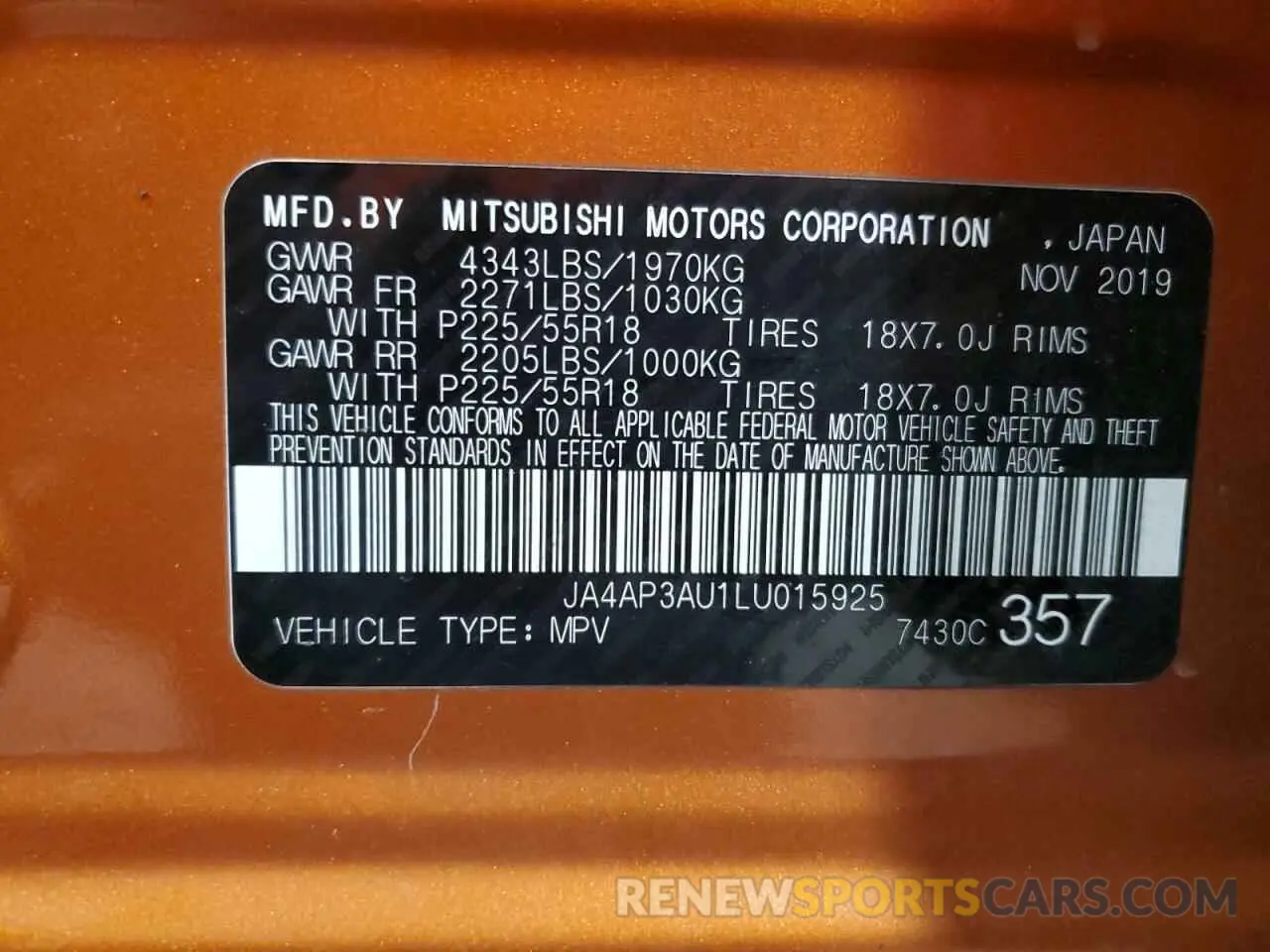 14 fotografías del automóvil dañado JA4AP3AU1LU015925 MITSUBISHI OUTLANDER 2020