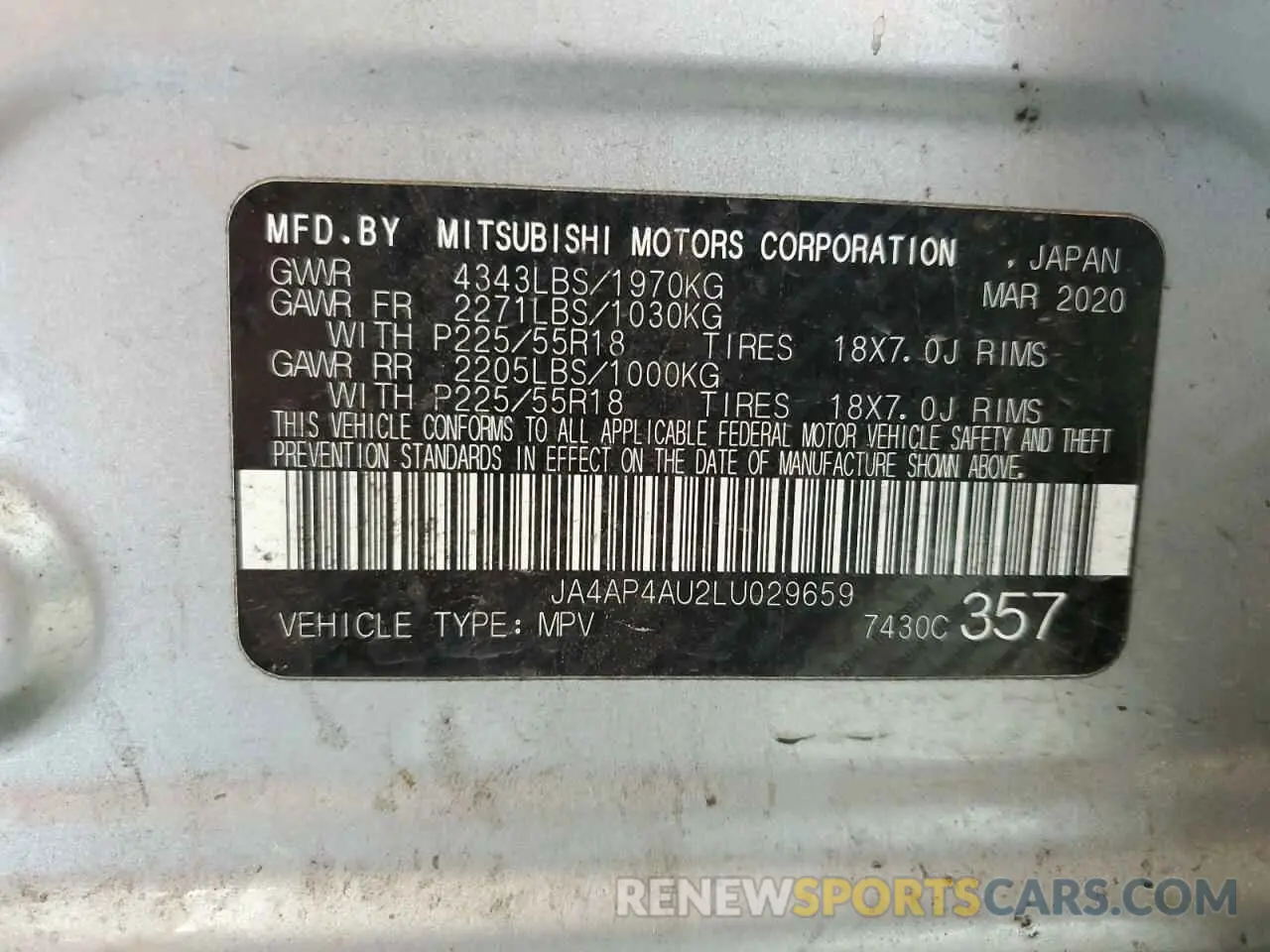 13 fotografías del automóvil dañado JA4AP4AU2LU029659 MITSUBISHI OUTLANDER 2020