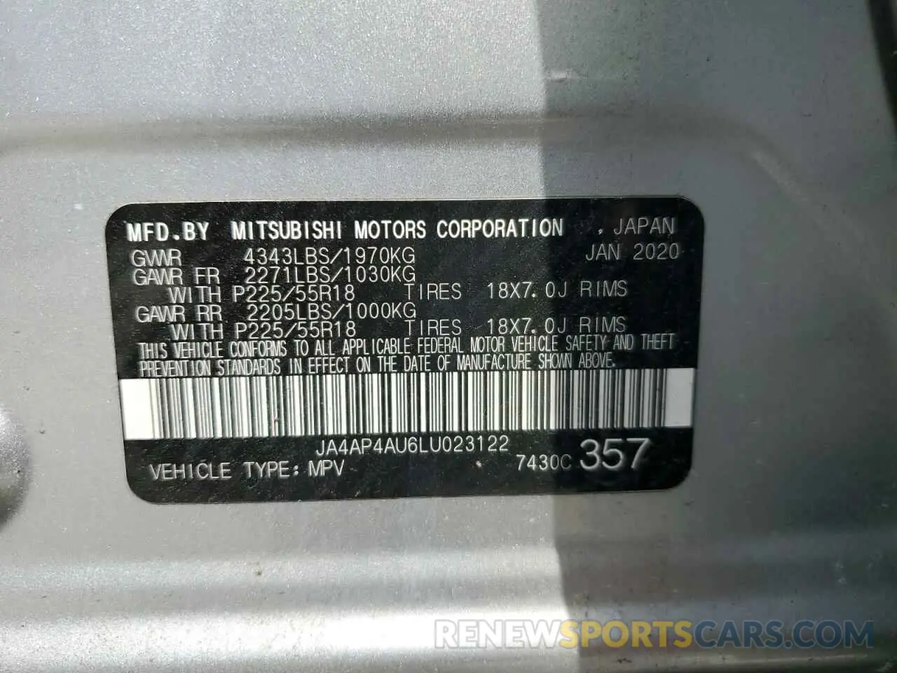 13 fotografías del automóvil dañado JA4AP4AU6LU023122 MITSUBISHI OUTLANDER 2020