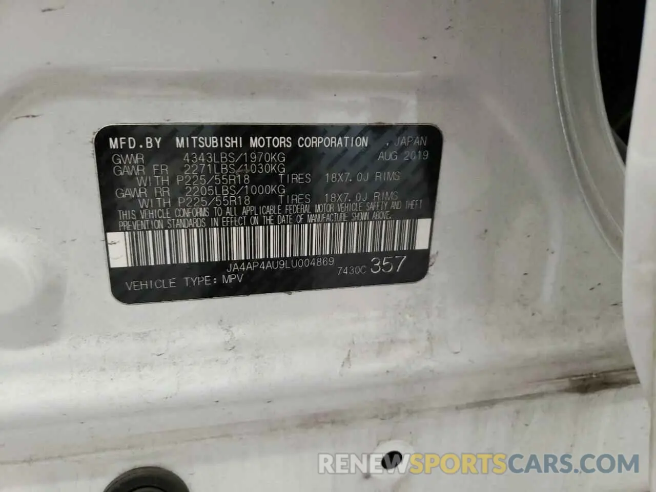 13 fotografías del automóvil dañado JA4AP4AU9LU004869 MITSUBISHI OUTLANDER 2020