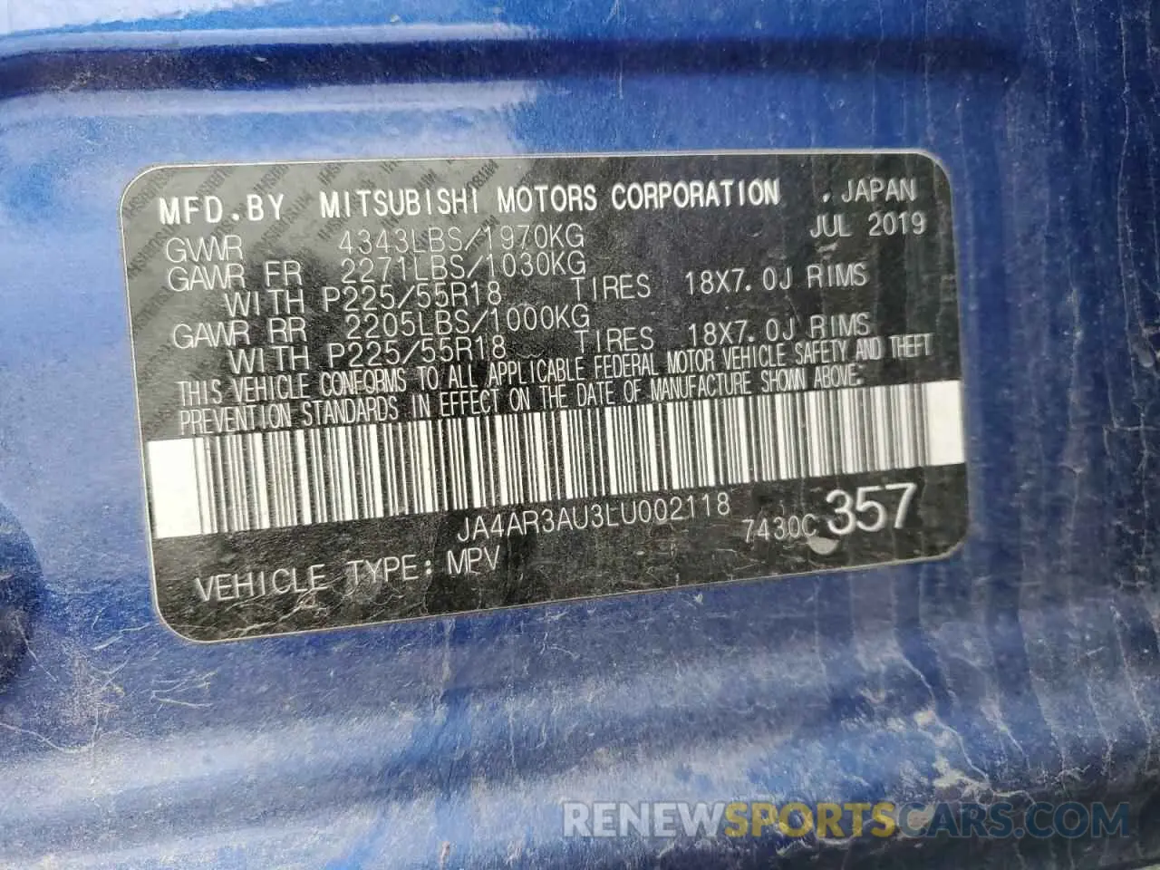12 fotografías del automóvil dañado JA4AR3AU3LU002118 MITSUBISHI OUTLANDER 2020