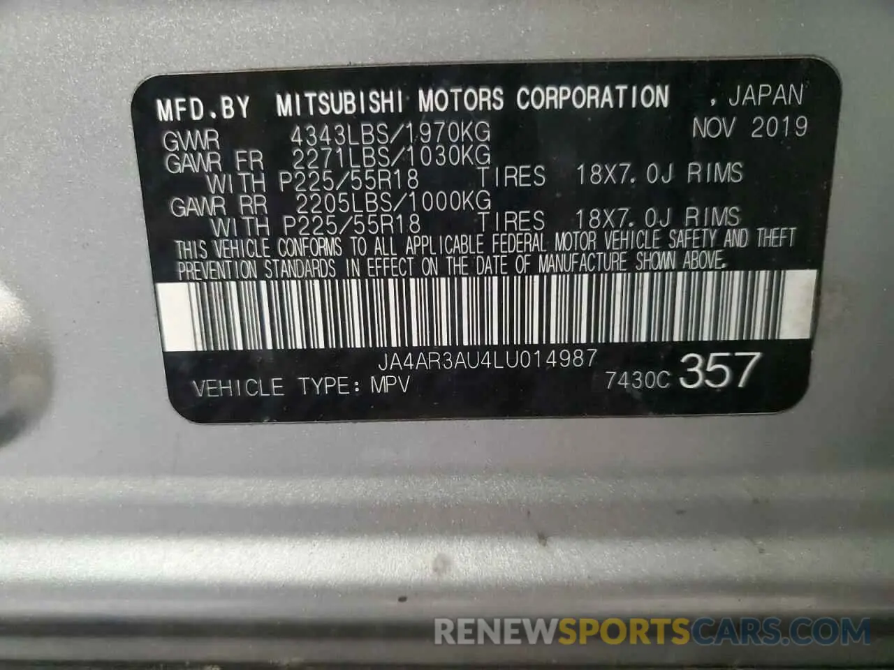 13 fotografías del automóvil dañado JA4AR3AU4LU014987 MITSUBISHI OUTLANDER 2020