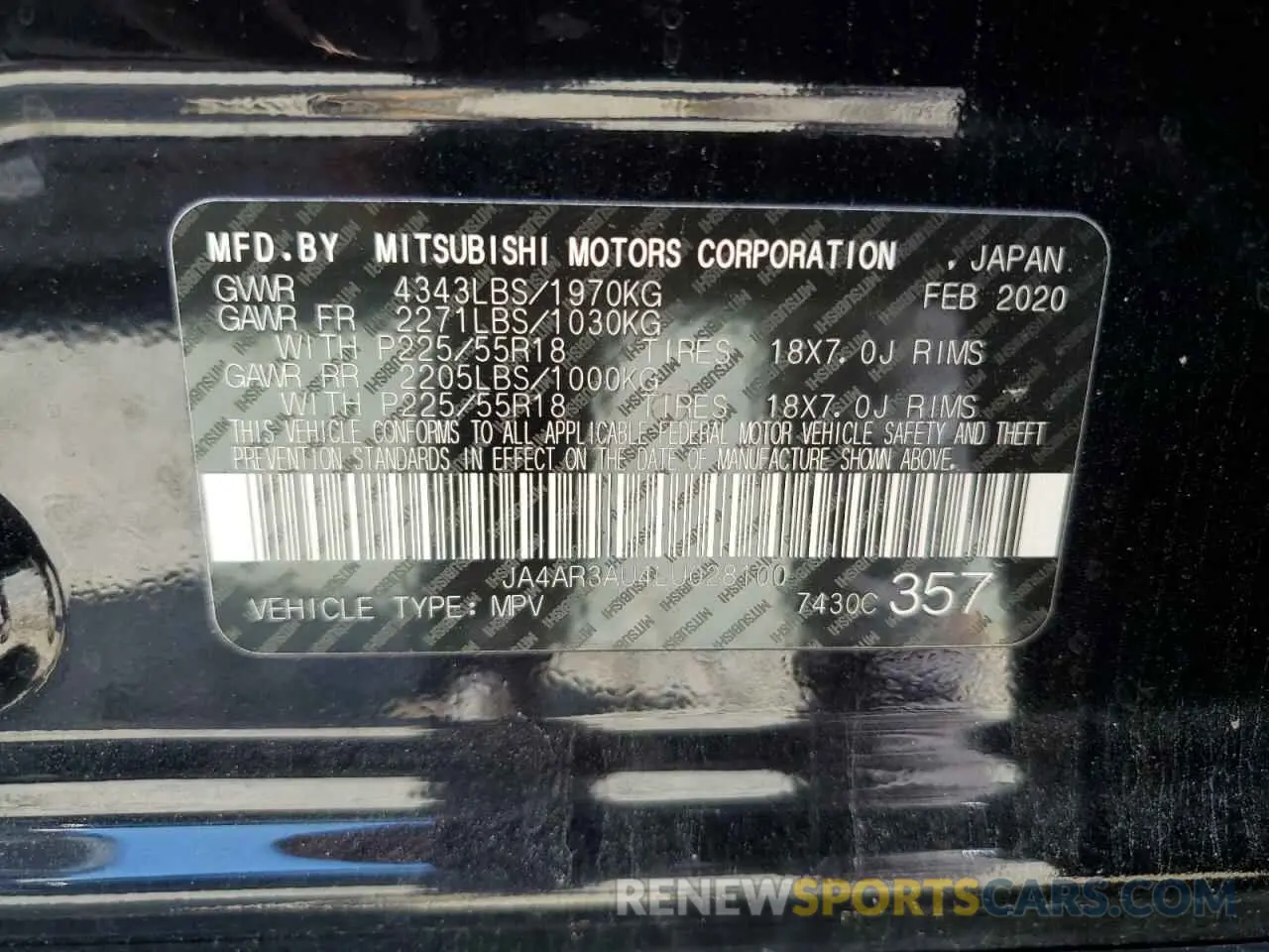 13 fotografías del automóvil dañado JA4AR3AU4LU028100 MITSUBISHI OUTLANDER 2020