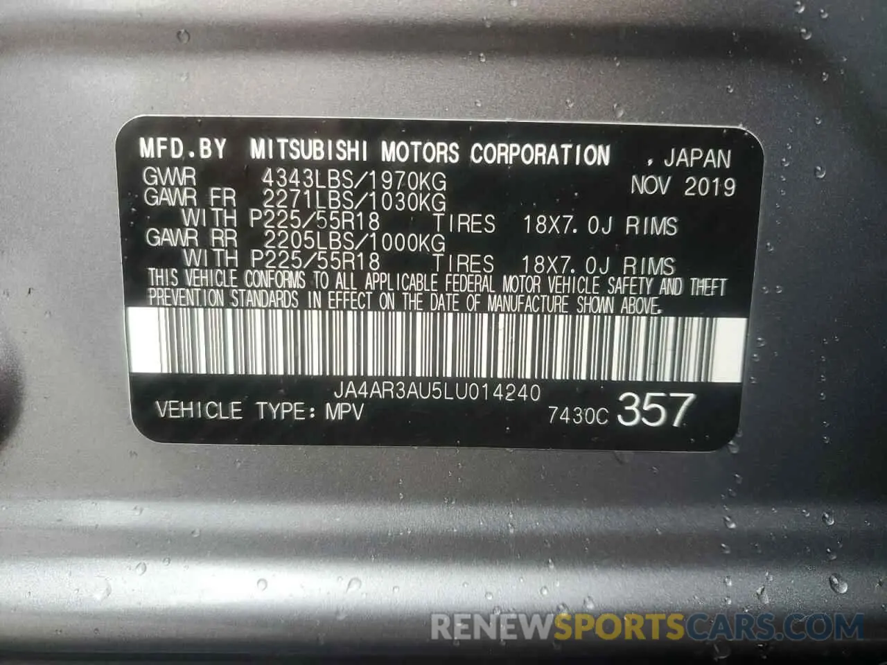 14 fotografías del automóvil dañado JA4AR3AU5LU014240 MITSUBISHI OUTLANDER 2020