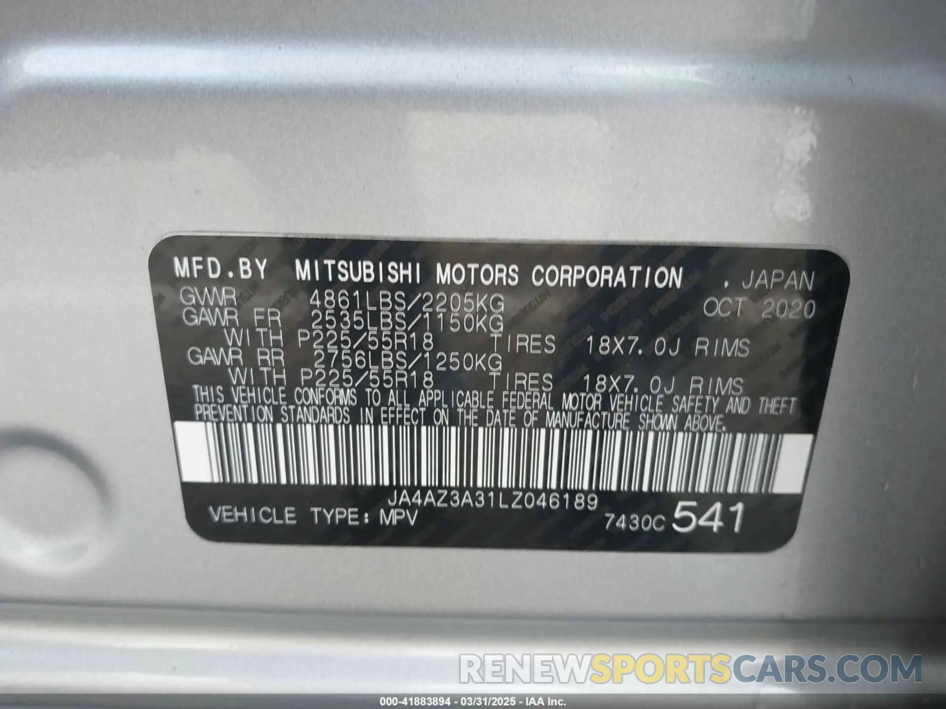 9 fotografías del automóvil dañado JA4AZ3A31LZ046189 MITSUBISHI OUTLANDER 2020