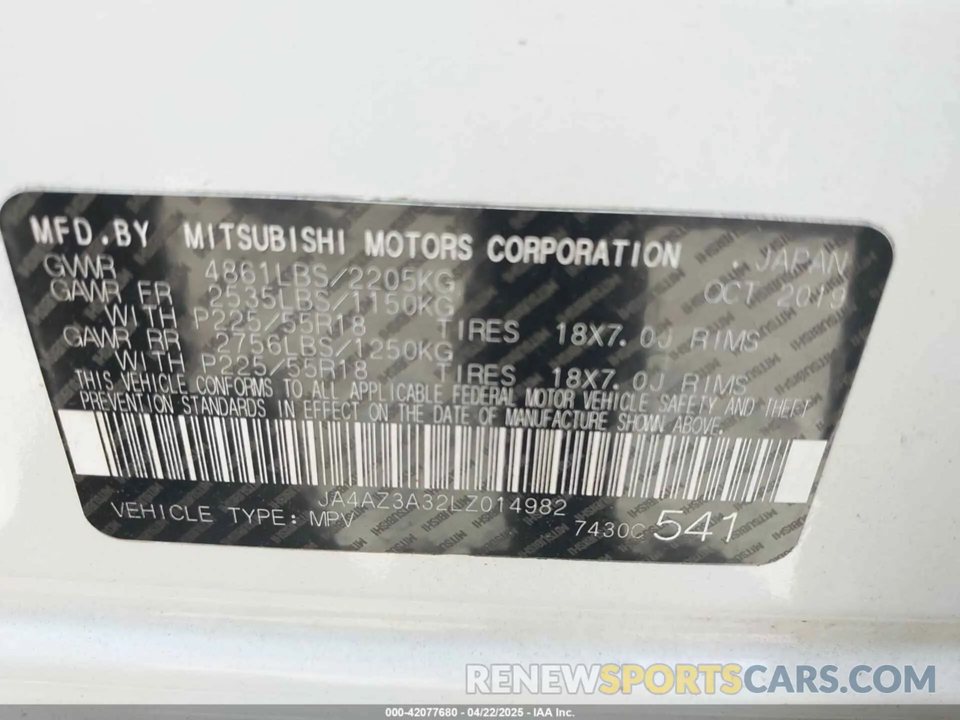 9 fotografías del automóvil dañado JA4AZ3A32LZ014982 MITSUBISHI OUTLANDER 2020