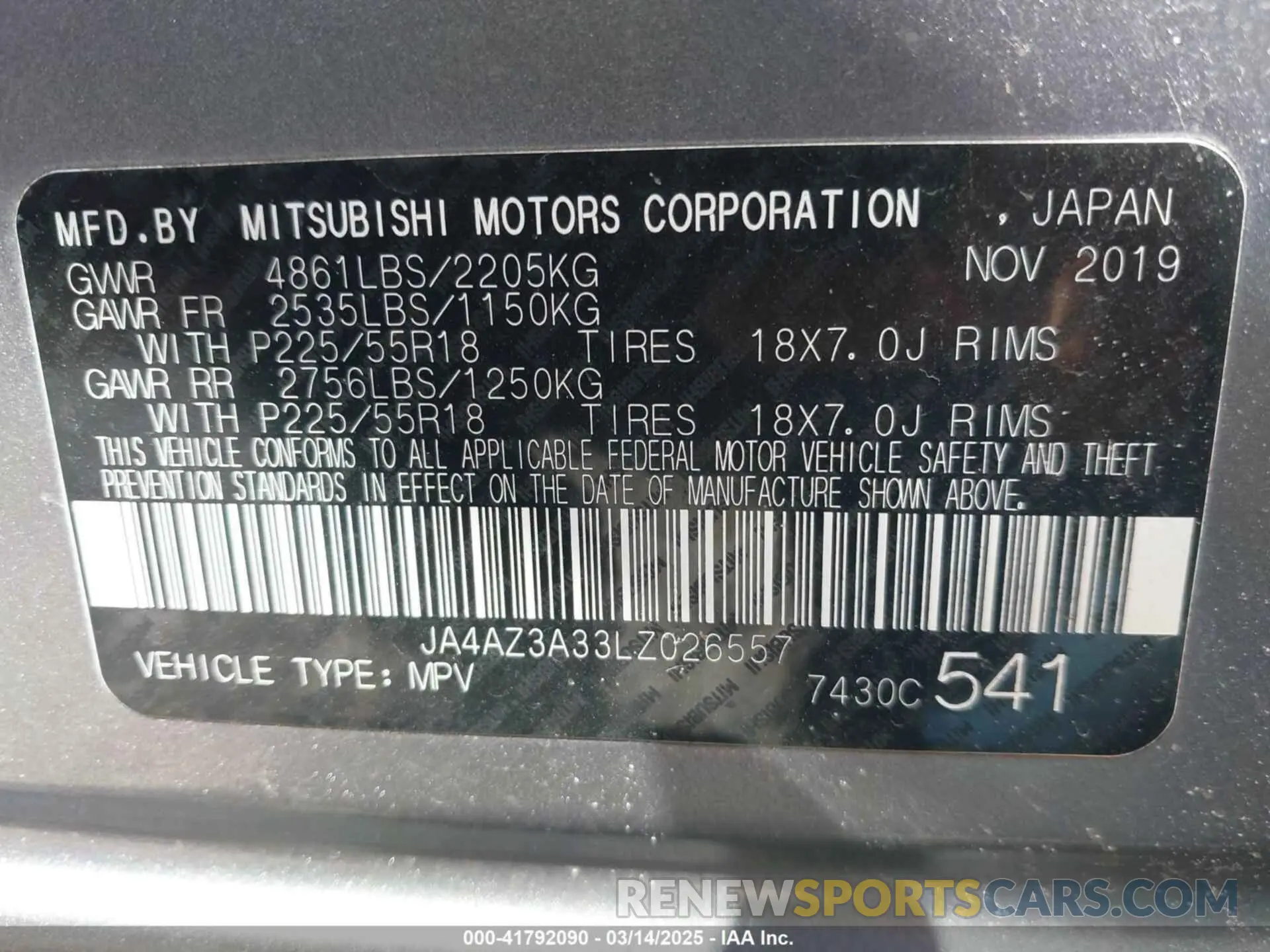 9 fotografías del automóvil dañado JA4AZ3A33LZ026557 MITSUBISHI OUTLANDER 2020