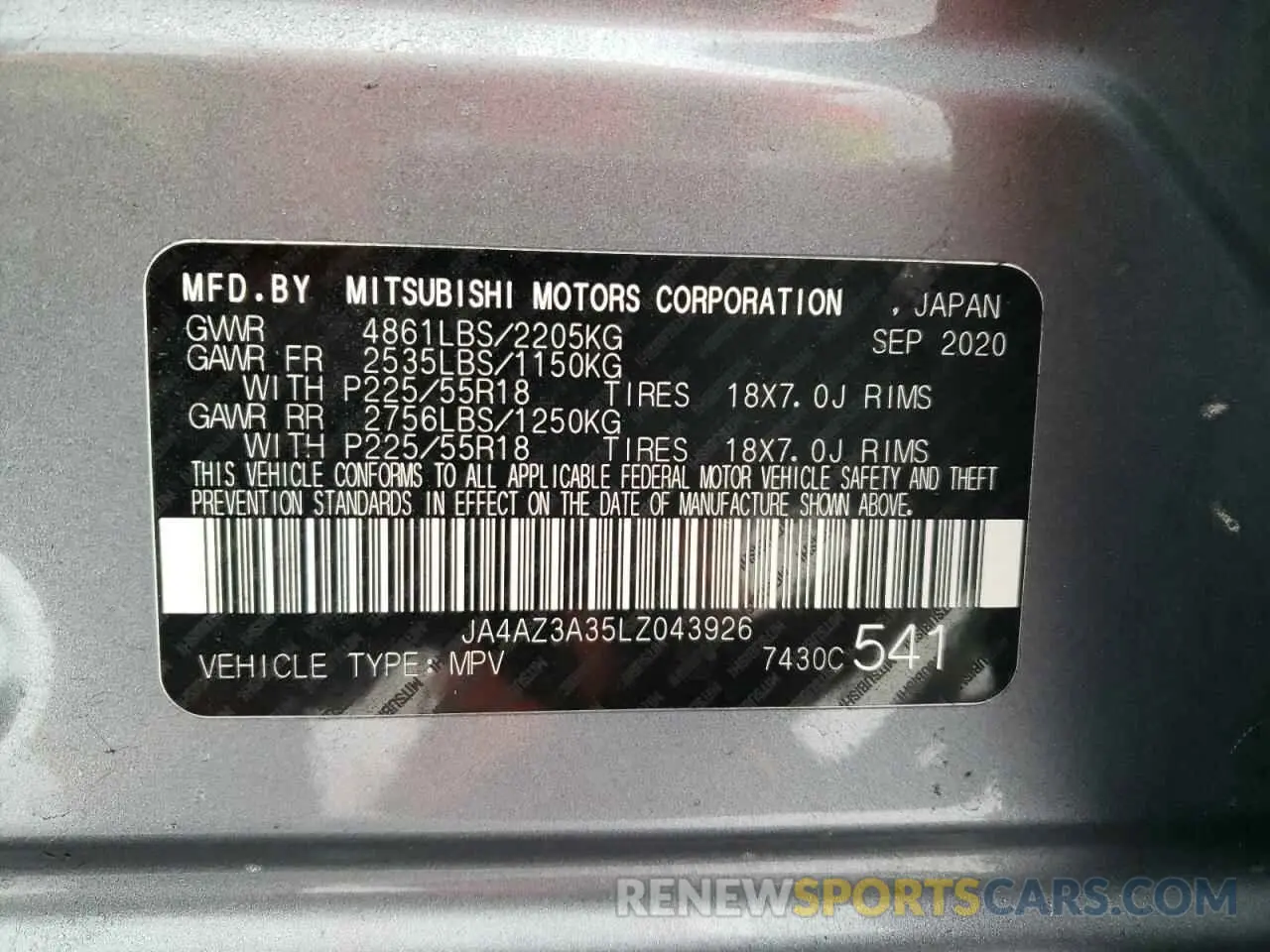 13 fotografías del automóvil dañado JA4AZ3A35LZ043926 MITSUBISHI OUTLANDER 2020