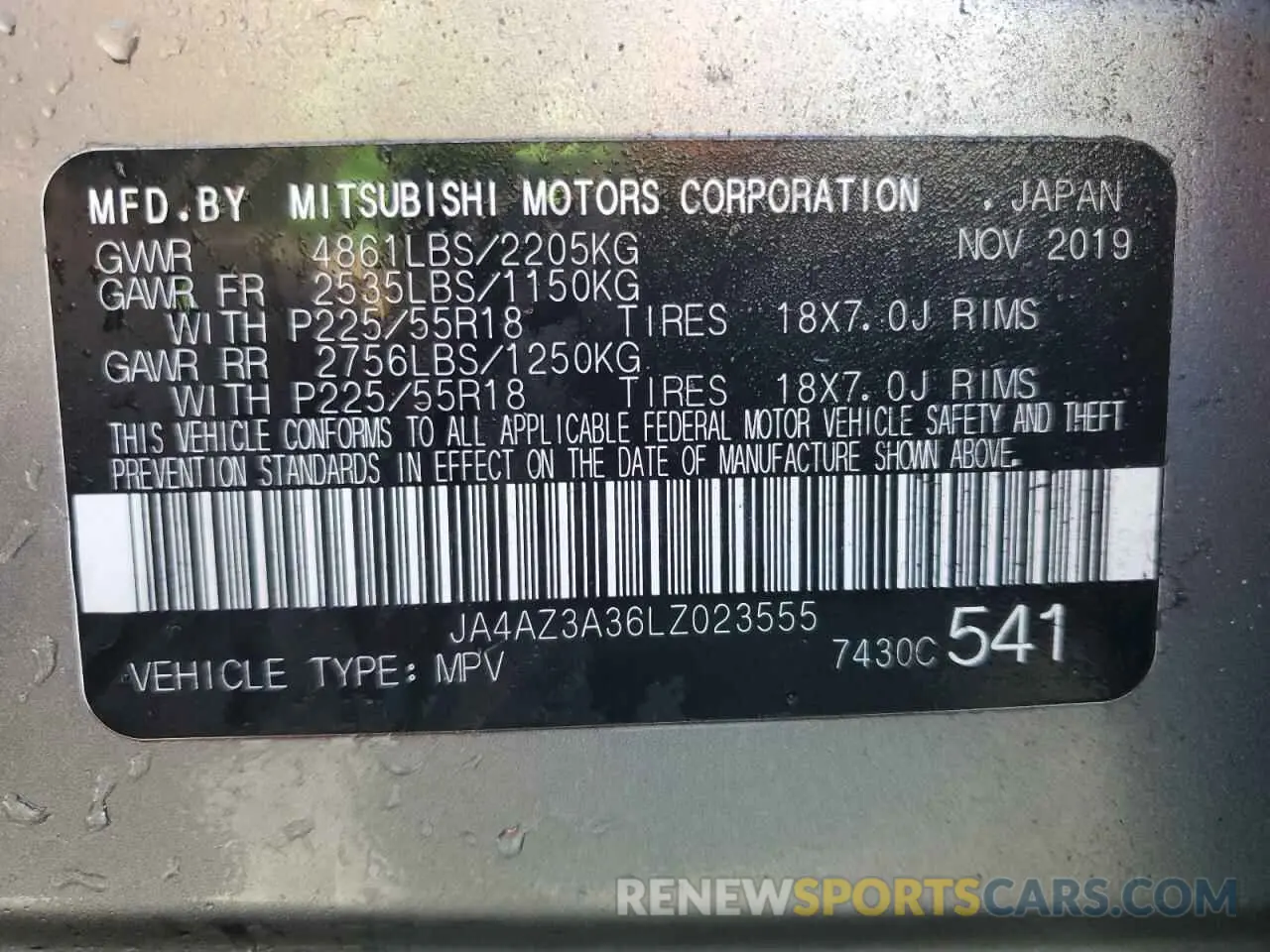 14 fotografías del automóvil dañado JA4AZ3A36LZ023555 MITSUBISHI OUTLANDER 2020