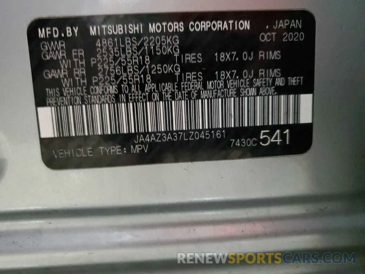 12 fotografías del automóvil dañado JA4AZ3A37LZ045161 MITSUBISHI OUTLANDER 2020