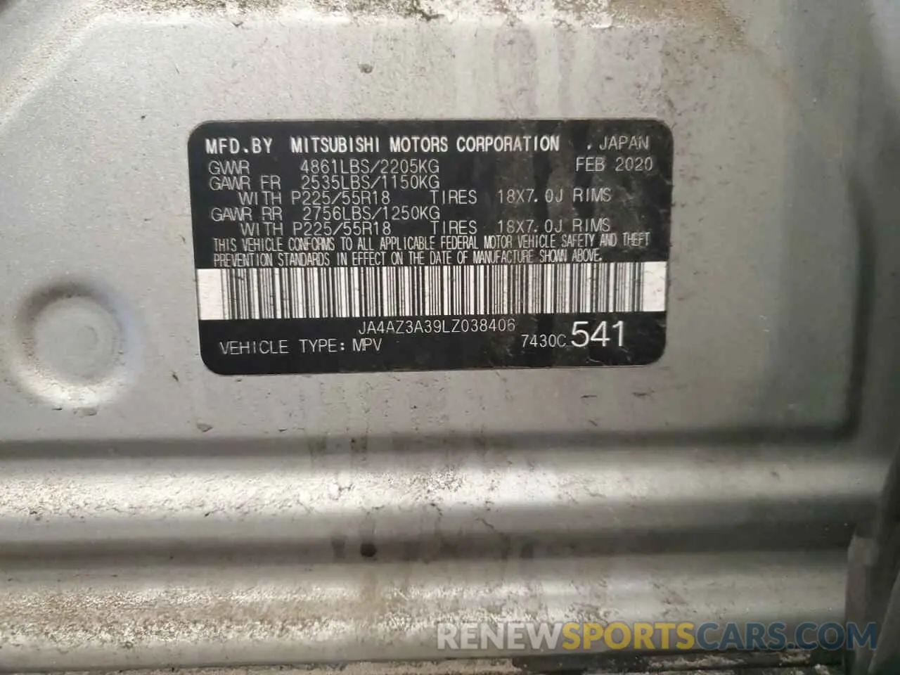 12 fotografías del automóvil dañado JA4AZ3A39LZ038406 MITSUBISHI OUTLANDER 2020