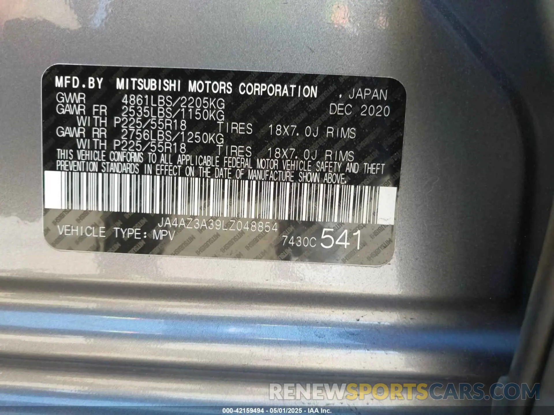 9 fotografías del automóvil dañado JA4AZ3A39LZ048854 MITSUBISHI OUTLANDER 2020