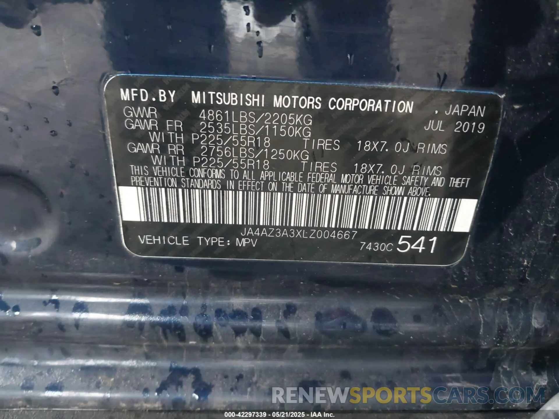 9 fotografías del automóvil dañado JA4AZ3A3XLZ004667 MITSUBISHI OUTLANDER 2020
