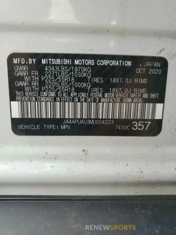 13 fotografías del automóvil dañado JA4APUAU3MU004223 MITSUBISHI OUTLANDER 2021