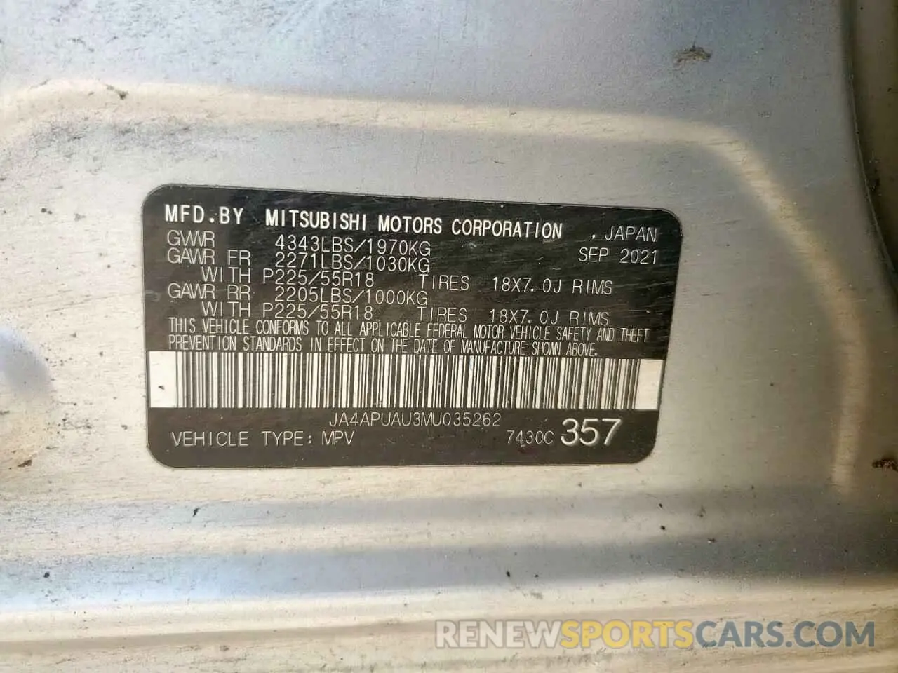 13 fotografías del automóvil dañado JA4APUAU3MU035262 MITSUBISHI OUTLANDER 2021
