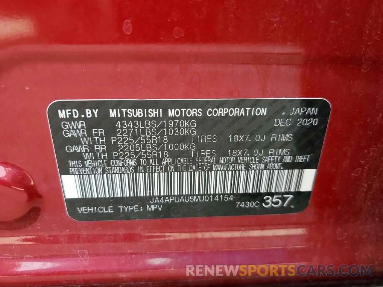 14 fotografías del automóvil dañado JA4APUAU5MU014154 MITSUBISHI OUTLANDER 2021