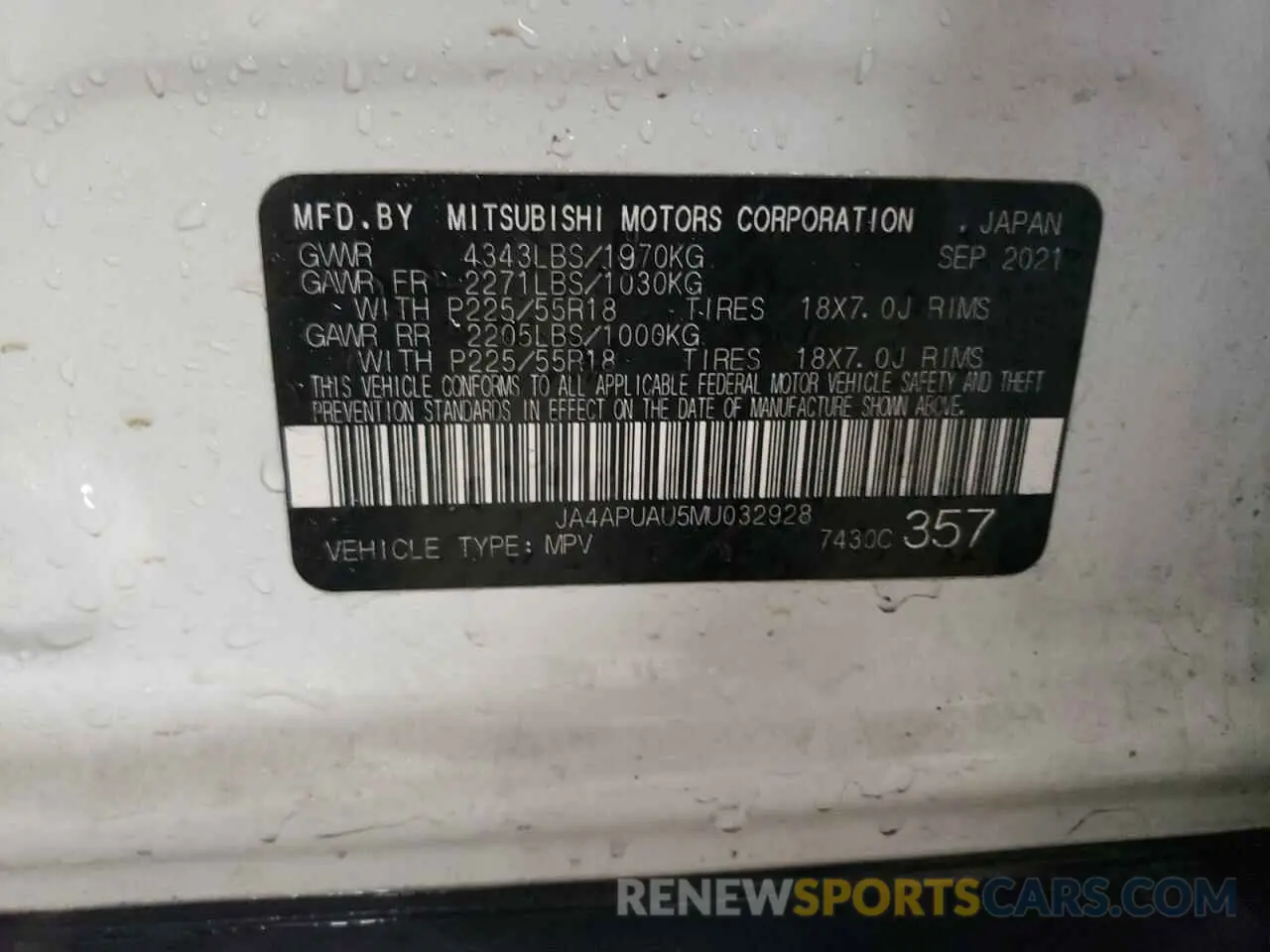 13 fotografías del automóvil dañado JA4APUAU5MU032928 MITSUBISHI OUTLANDER 2021