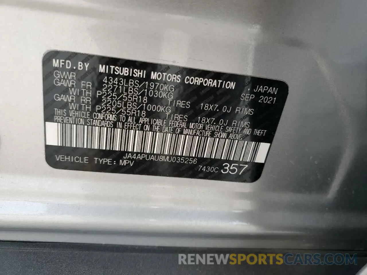 13 fotografías del automóvil dañado JA4APUAU8MU035256 MITSUBISHI OUTLANDER 2021