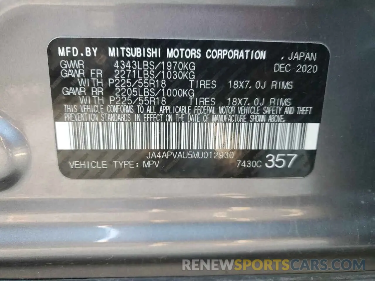 13 fotografías del automóvil dañado JA4APVAU5MU012930 MITSUBISHI OUTLANDER 2021