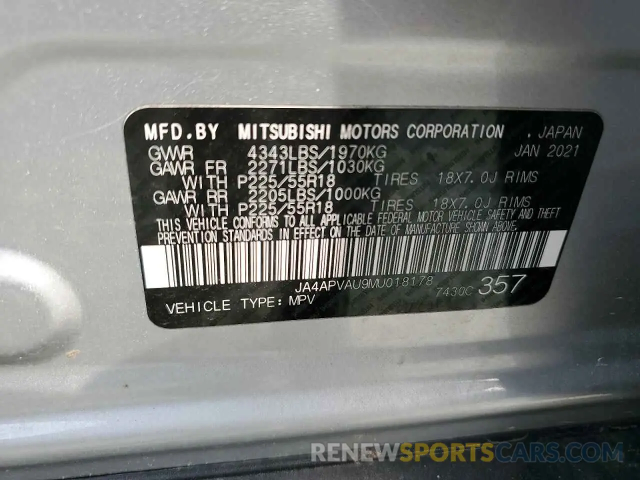 14 fotografías del automóvil dañado JA4APVAU9MU018178 MITSUBISHI OUTLANDER 2021