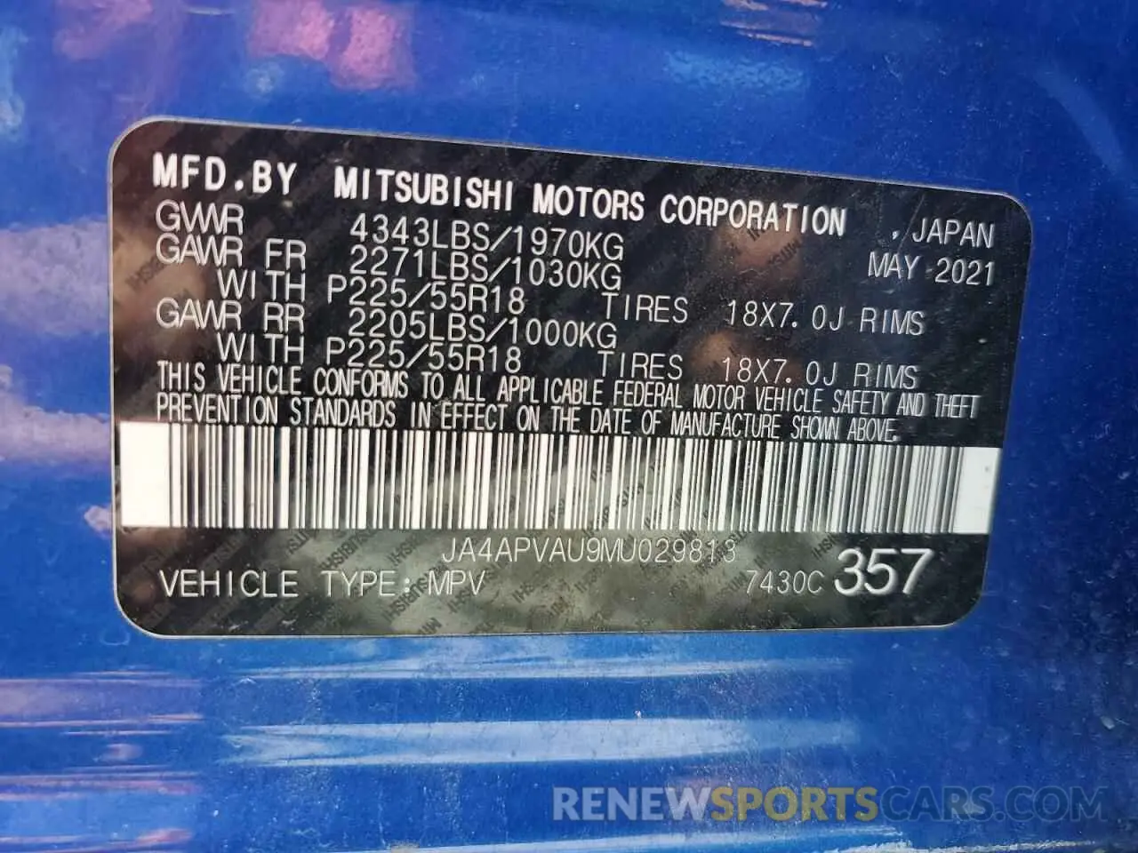 14 fotografías del automóvil dañado JA4APVAU9MU029813 MITSUBISHI OUTLANDER 2021