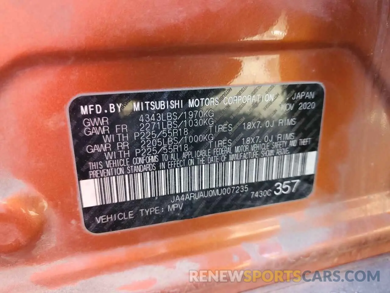 13 fotografías del automóvil dañado JA4ARUAU0MU007235 MITSUBISHI OUTLANDER 2021
