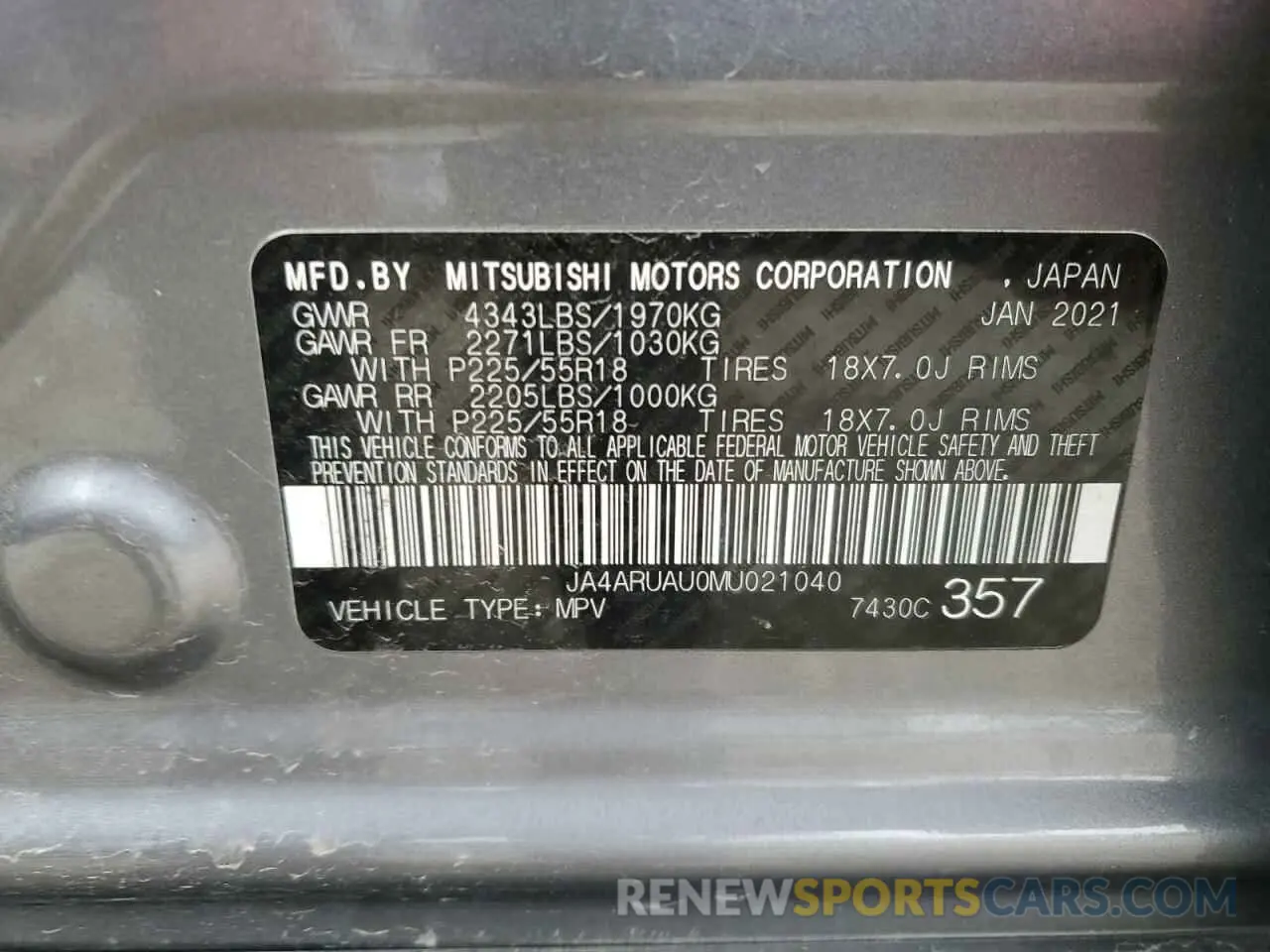 13 fotografías del automóvil dañado JA4ARUAU0MU021040 MITSUBISHI OUTLANDER 2021