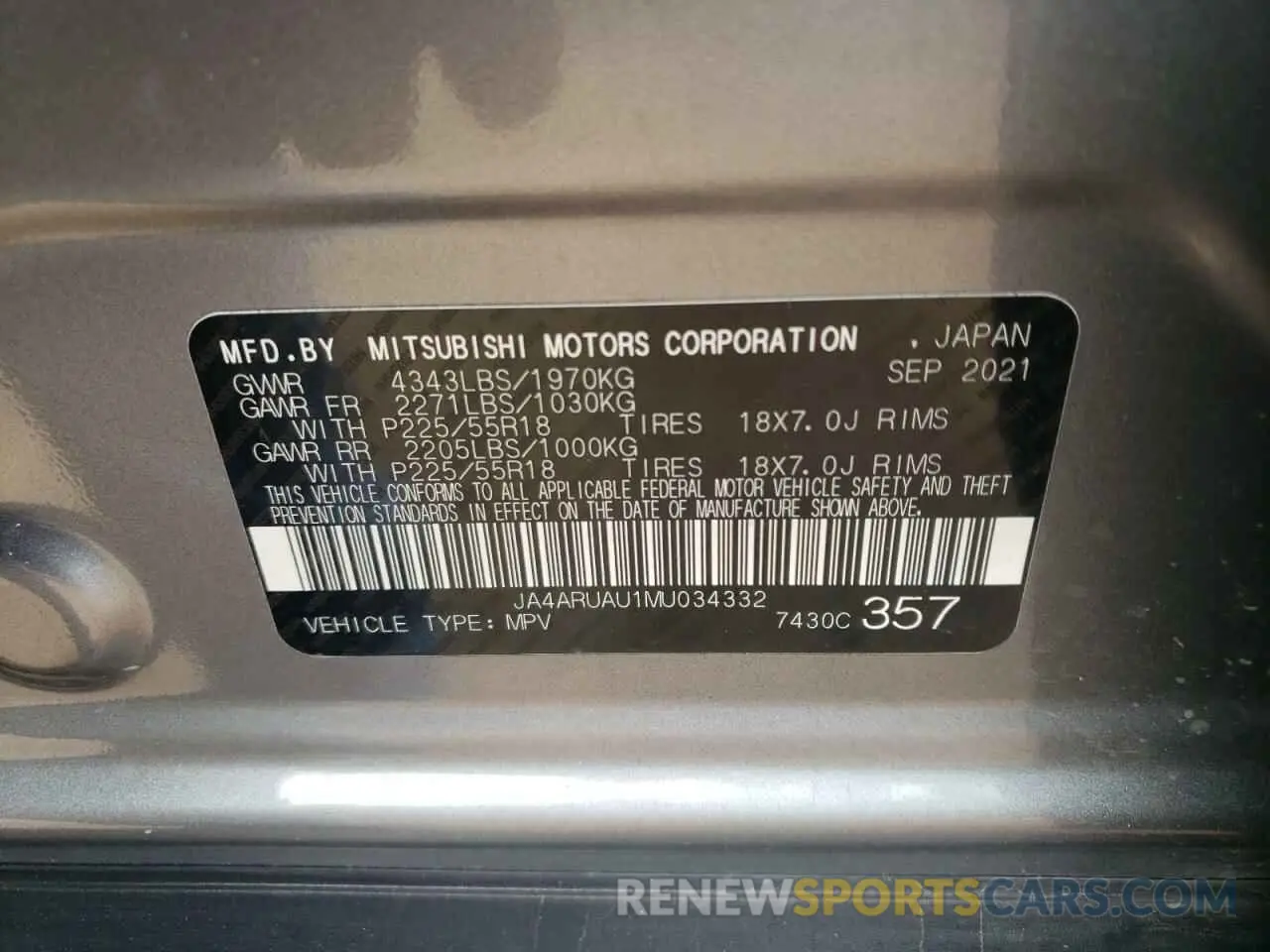 12 fotografías del automóvil dañado JA4ARUAU1MU034332 MITSUBISHI OUTLANDER 2021