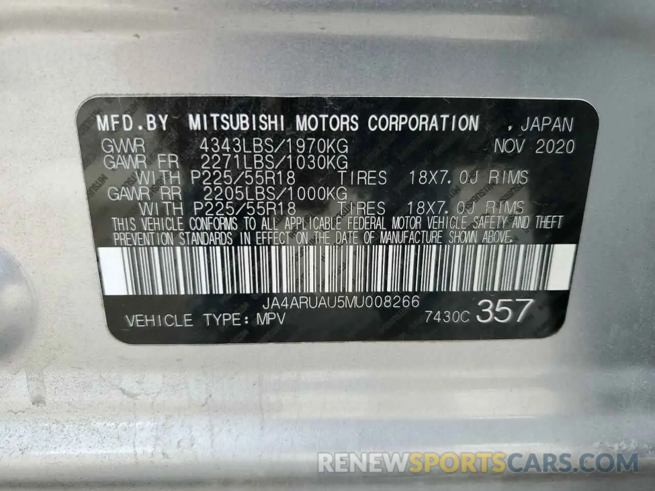 14 fotografías del automóvil dañado JA4ARUAU5MU008266 MITSUBISHI OUTLANDER 2021