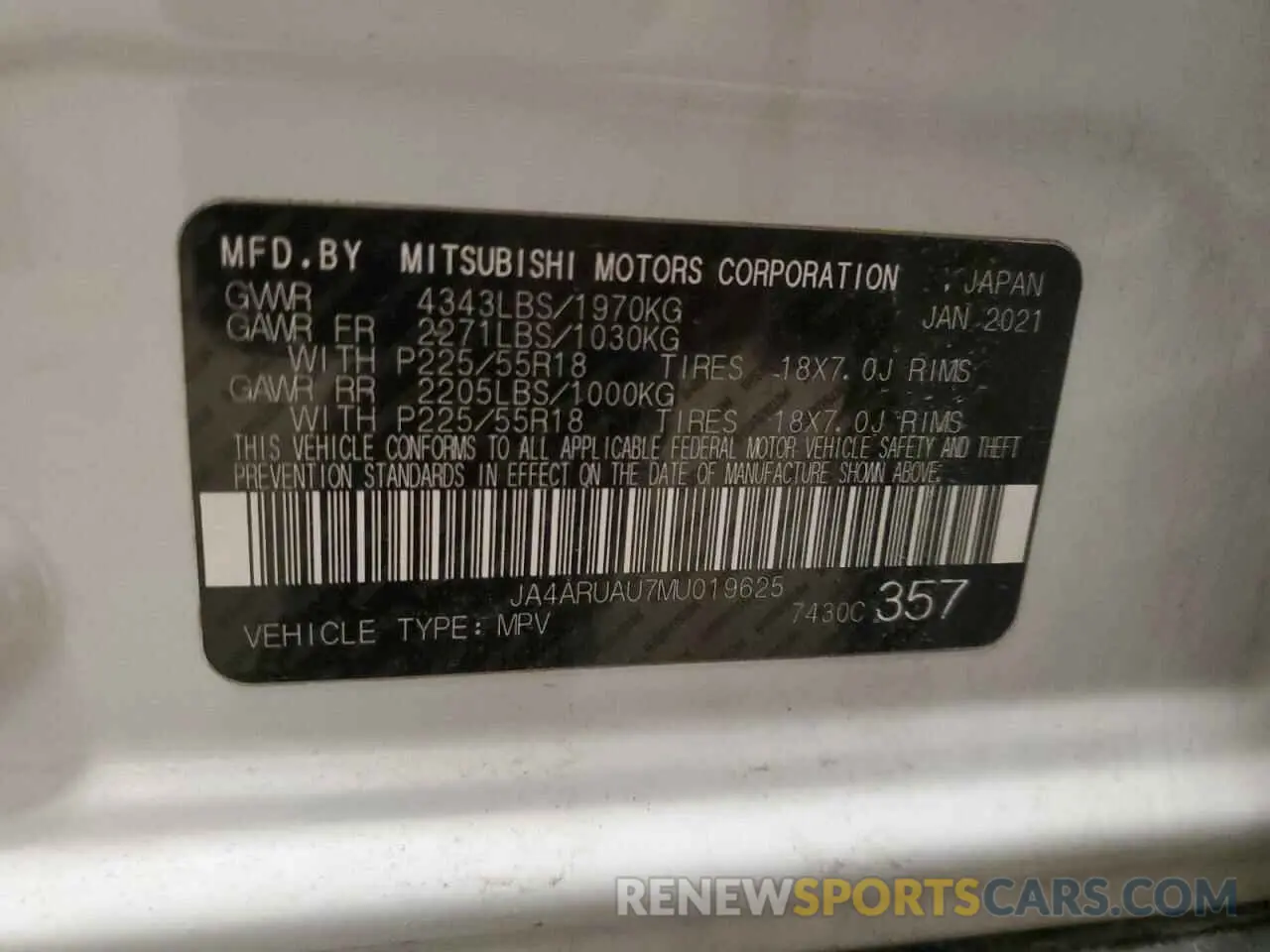 13 fotografías del automóvil dañado JA4ARUAU7MU019625 MITSUBISHI OUTLANDER 2021