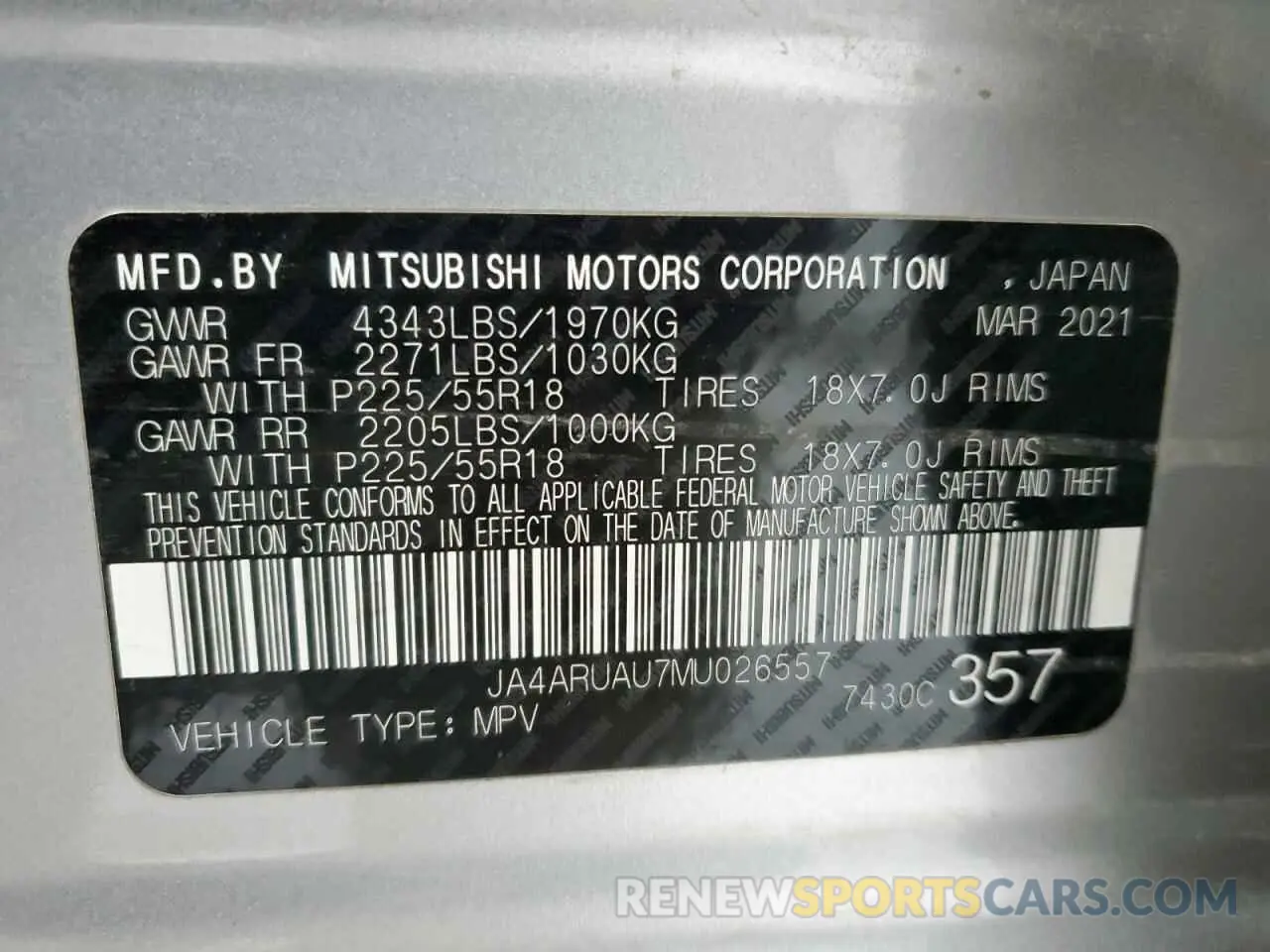 13 fotografías del automóvil dañado JA4ARUAU7MU026557 MITSUBISHI OUTLANDER 2021