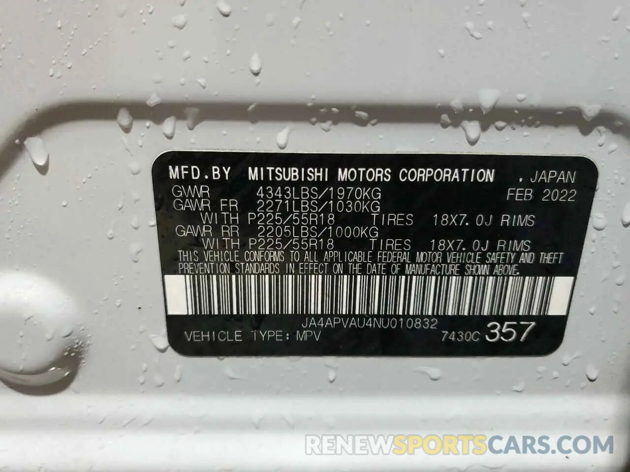 14 fotografías del automóvil dañado JA4APVAU4NU010832 MITSUBISHI OUTLANDER 2022