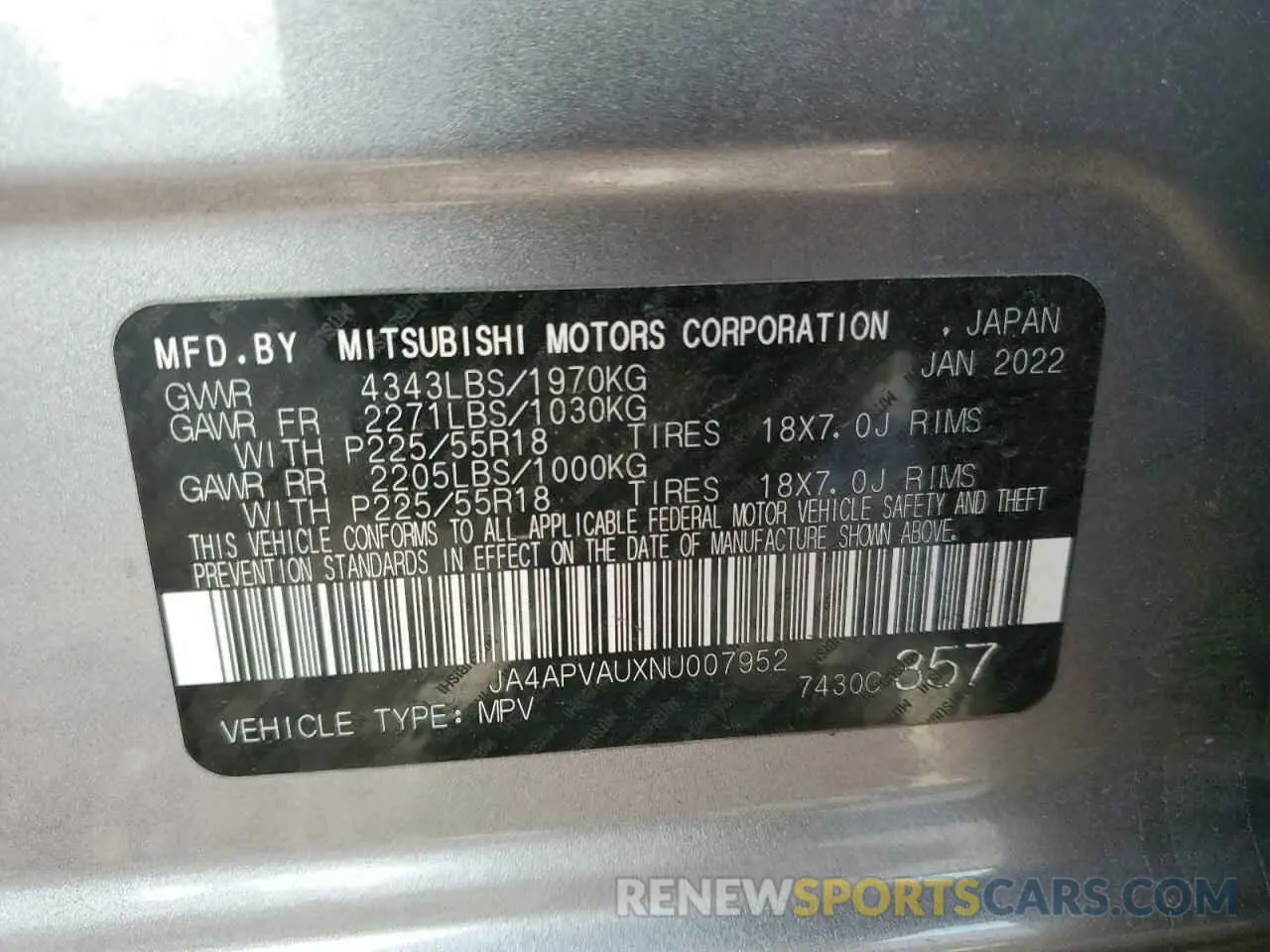 14 fotografías del automóvil dañado JA4APVAUXNU007952 MITSUBISHI OUTLANDER 2022