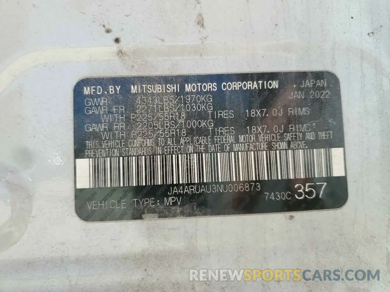 16 fotografías del automóvil dañado JA4ARUAU3NU006873 MITSUBISHI OUTLANDER 2022