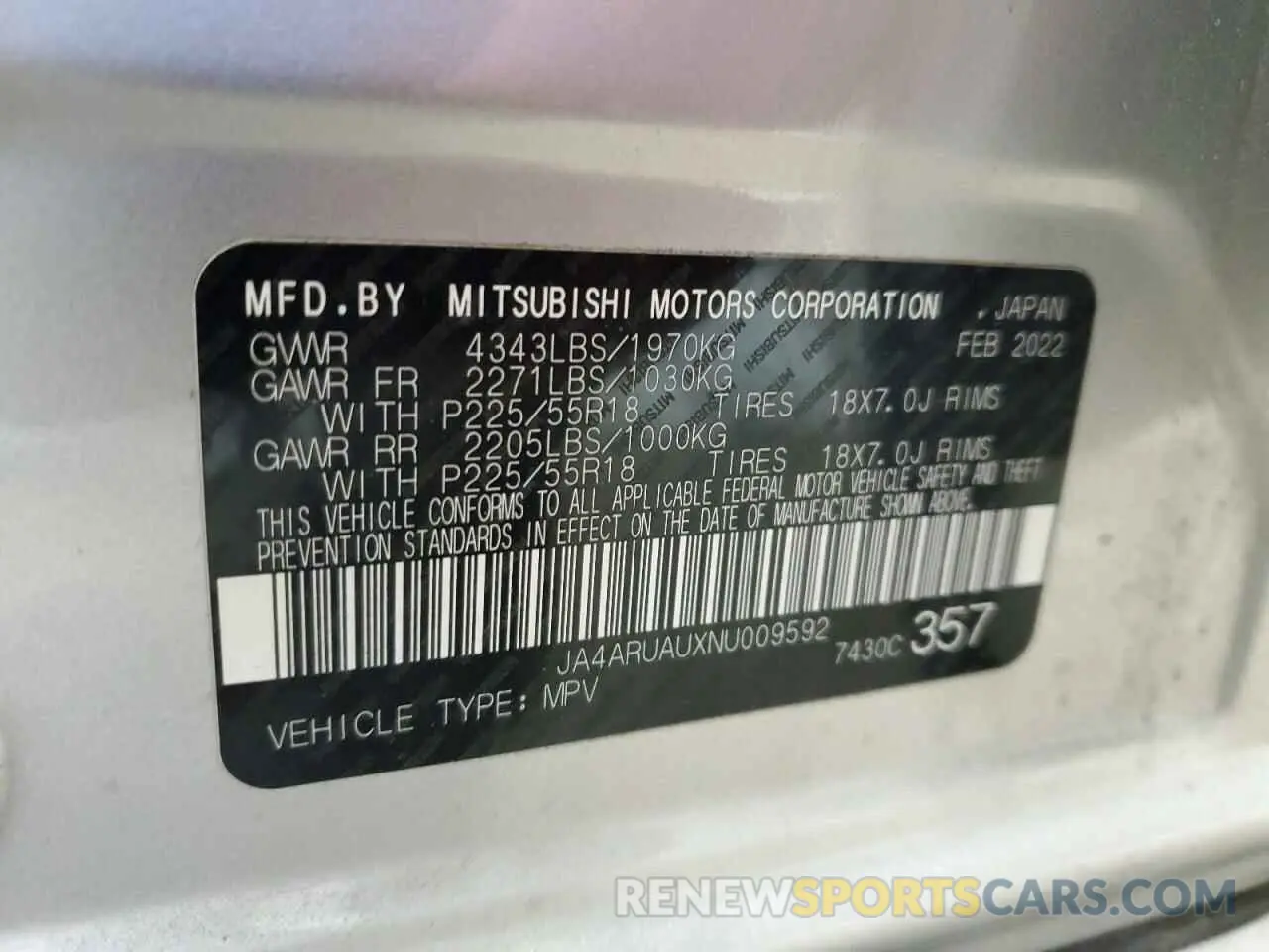 13 fotografías del automóvil dañado JA4ARUAUXNU009592 MITSUBISHI OUTLANDER 2022