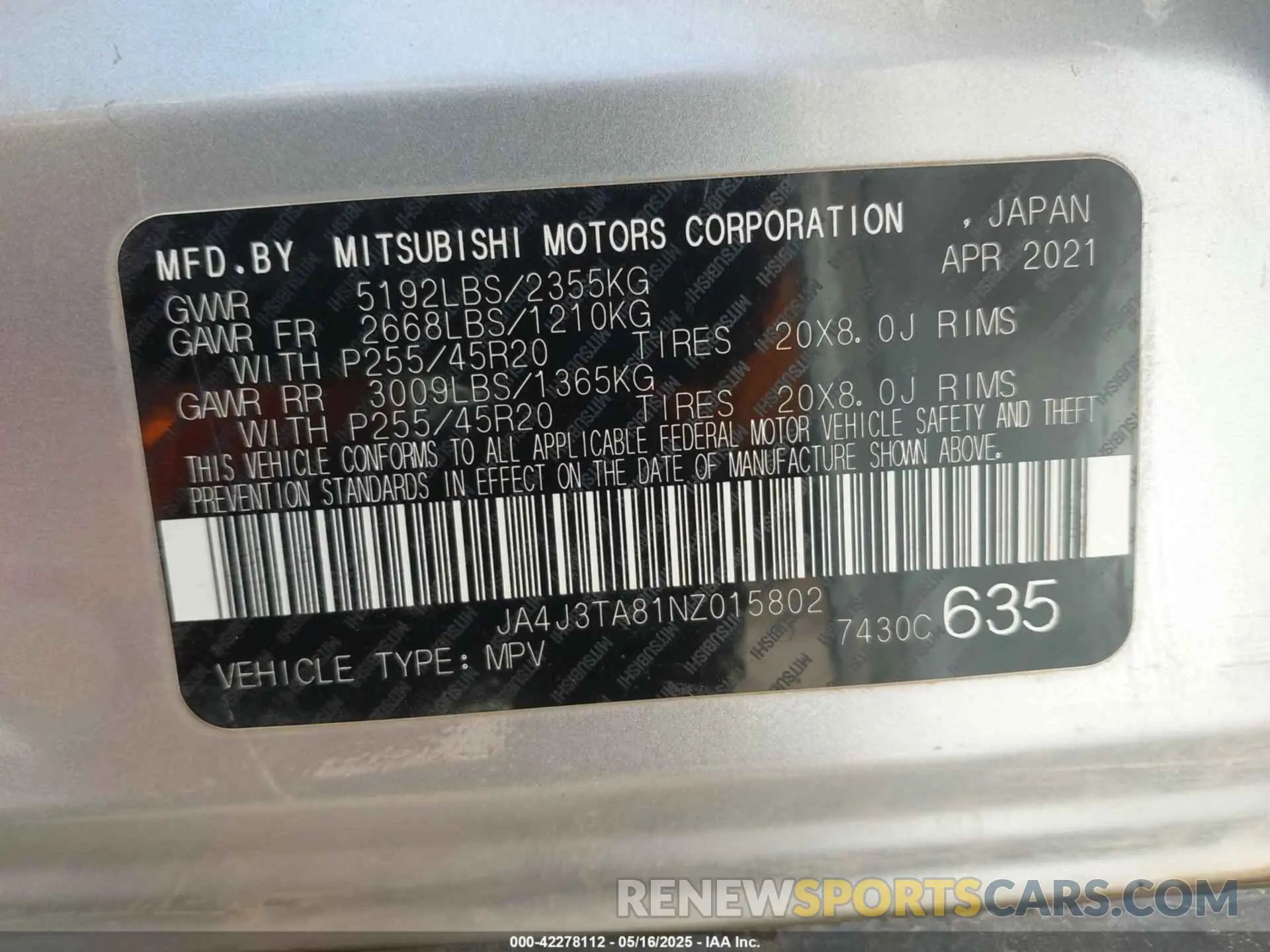 9 fotografías del automóvil dañado JA4J3TA81NZ015802 MITSUBISHI OUTLANDER 2022