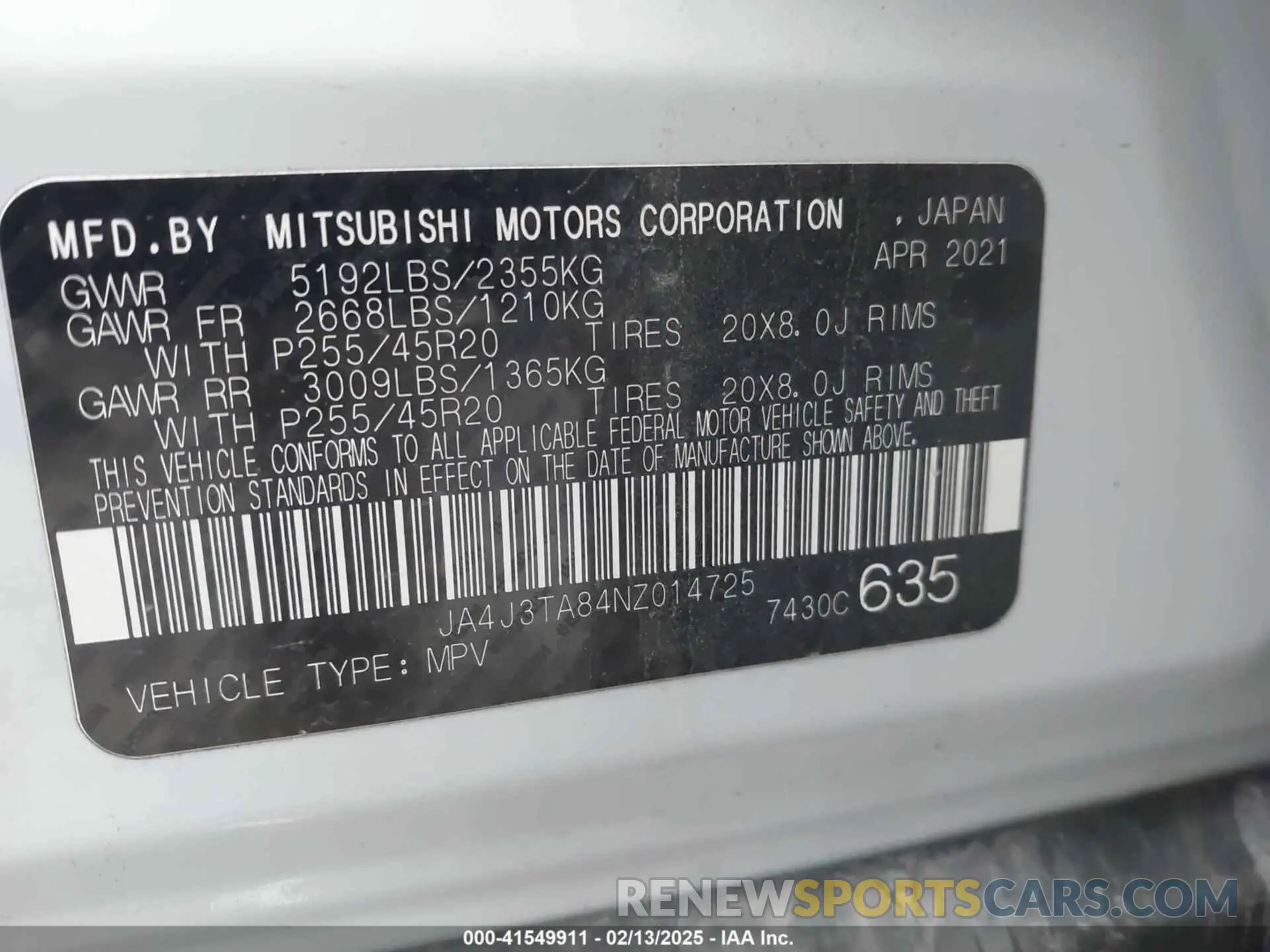9 fotografías del automóvil dañado JA4J3TA84NZ014725 MITSUBISHI OUTLANDER 2022