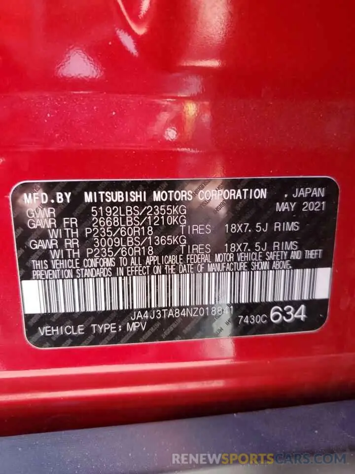 14 fotografías del automóvil dañado JA4J3TA84NZ018841 MITSUBISHI OUTLANDER 2022