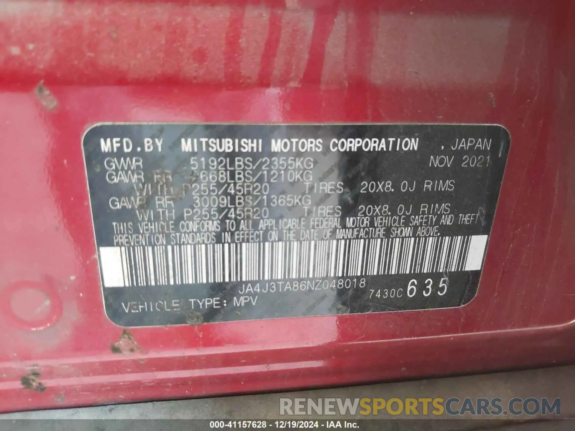 9 fotografías del automóvil dañado JA4J3TA86NZ048018 MITSUBISHI OUTLANDER 2022