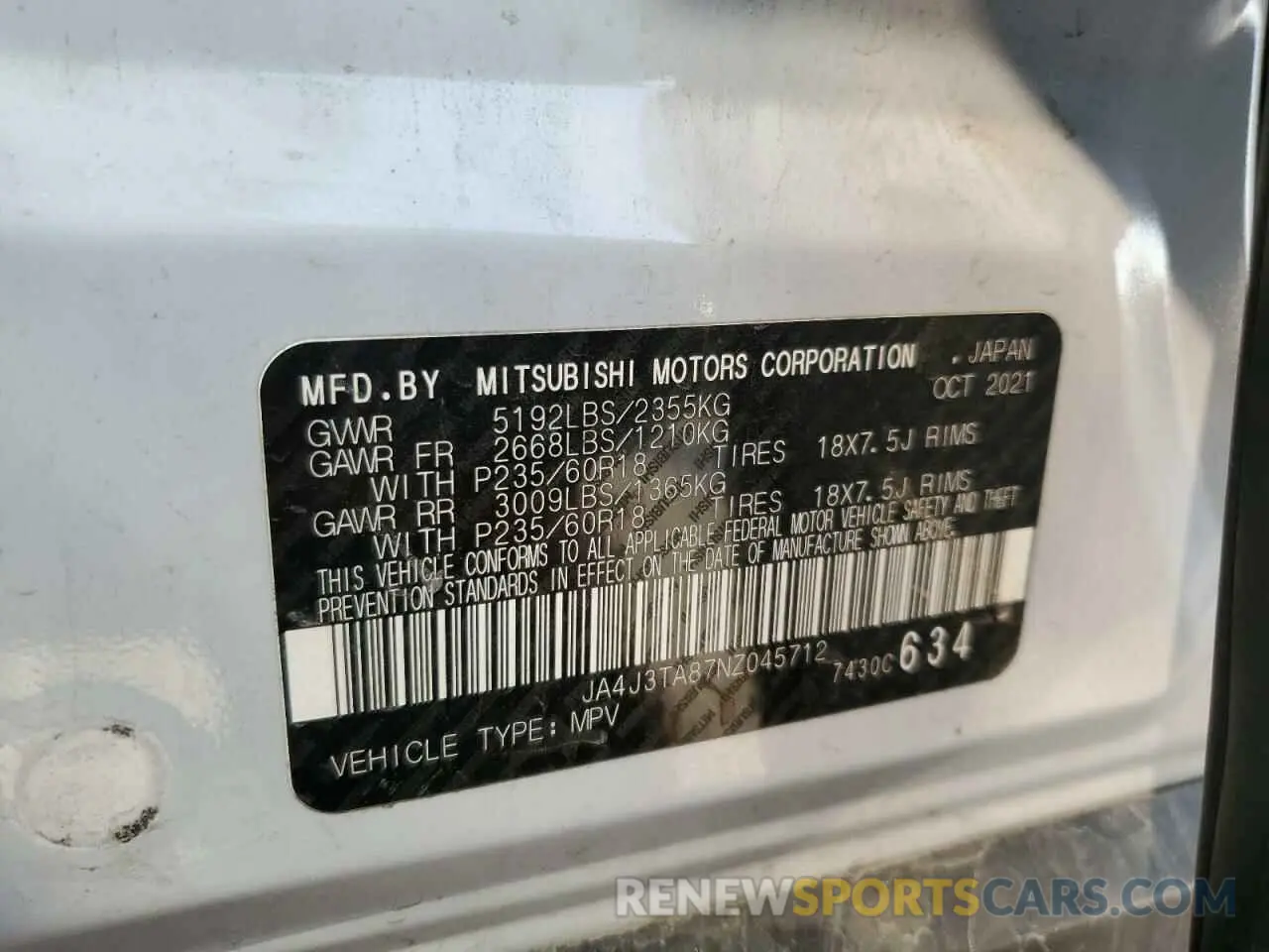 13 fotografías del automóvil dañado JA4J3TA87NZ045712 MITSUBISHI OUTLANDER 2022