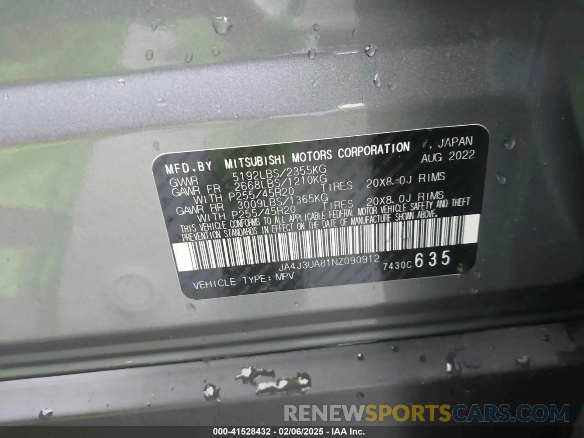 9 fotografías del automóvil dañado JA4J3UA81NZ090912 MITSUBISHI OUTLANDER 2022