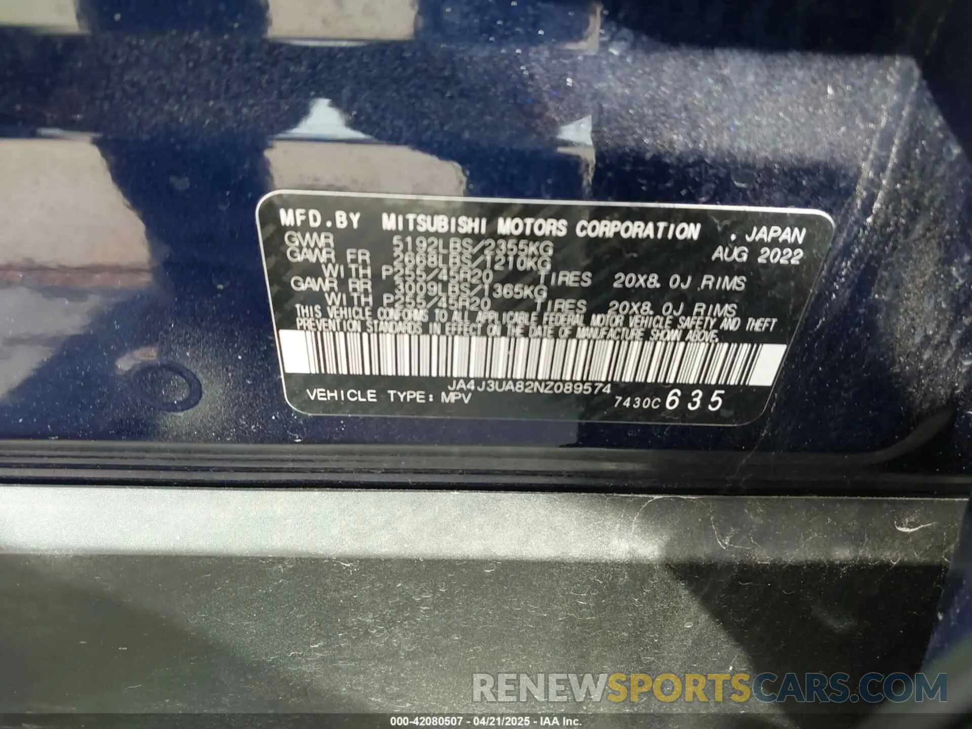 9 fotografías del automóvil dañado JA4J3UA82NZ089574 MITSUBISHI OUTLANDER 2022