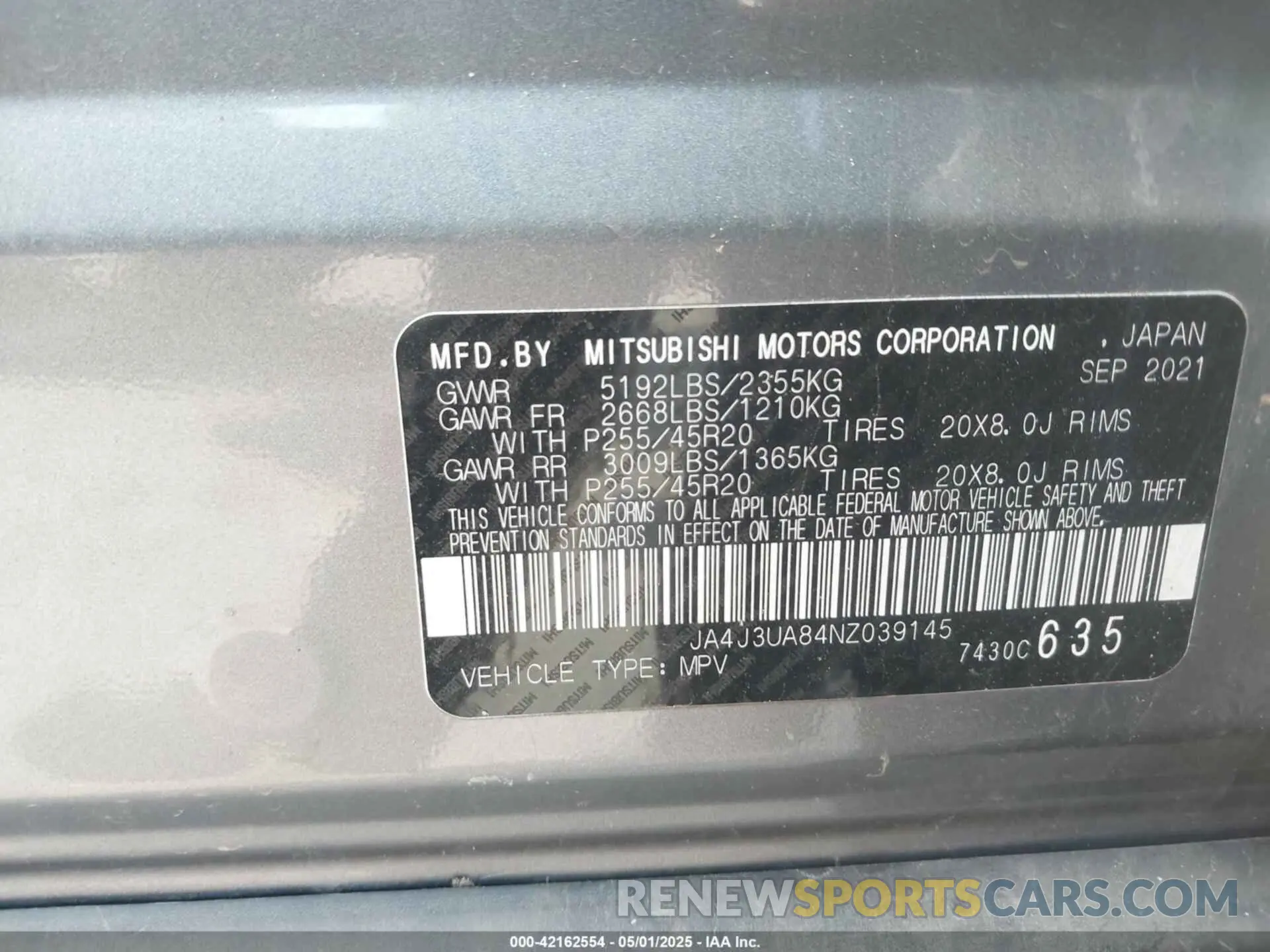 9 fotografías del automóvil dañado JA4J3UA84NZ039145 MITSUBISHI OUTLANDER 2022