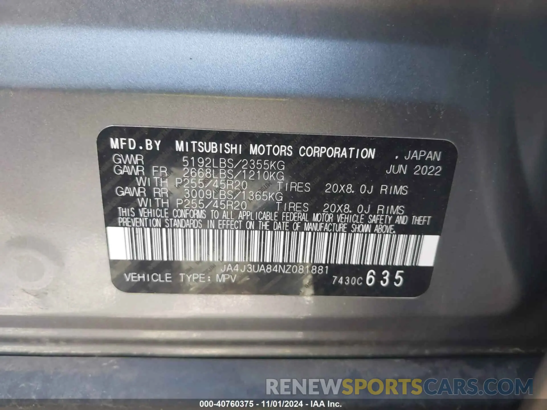 9 fotografías del automóvil dañado JA4J3UA84NZ081881 MITSUBISHI OUTLANDER 2022