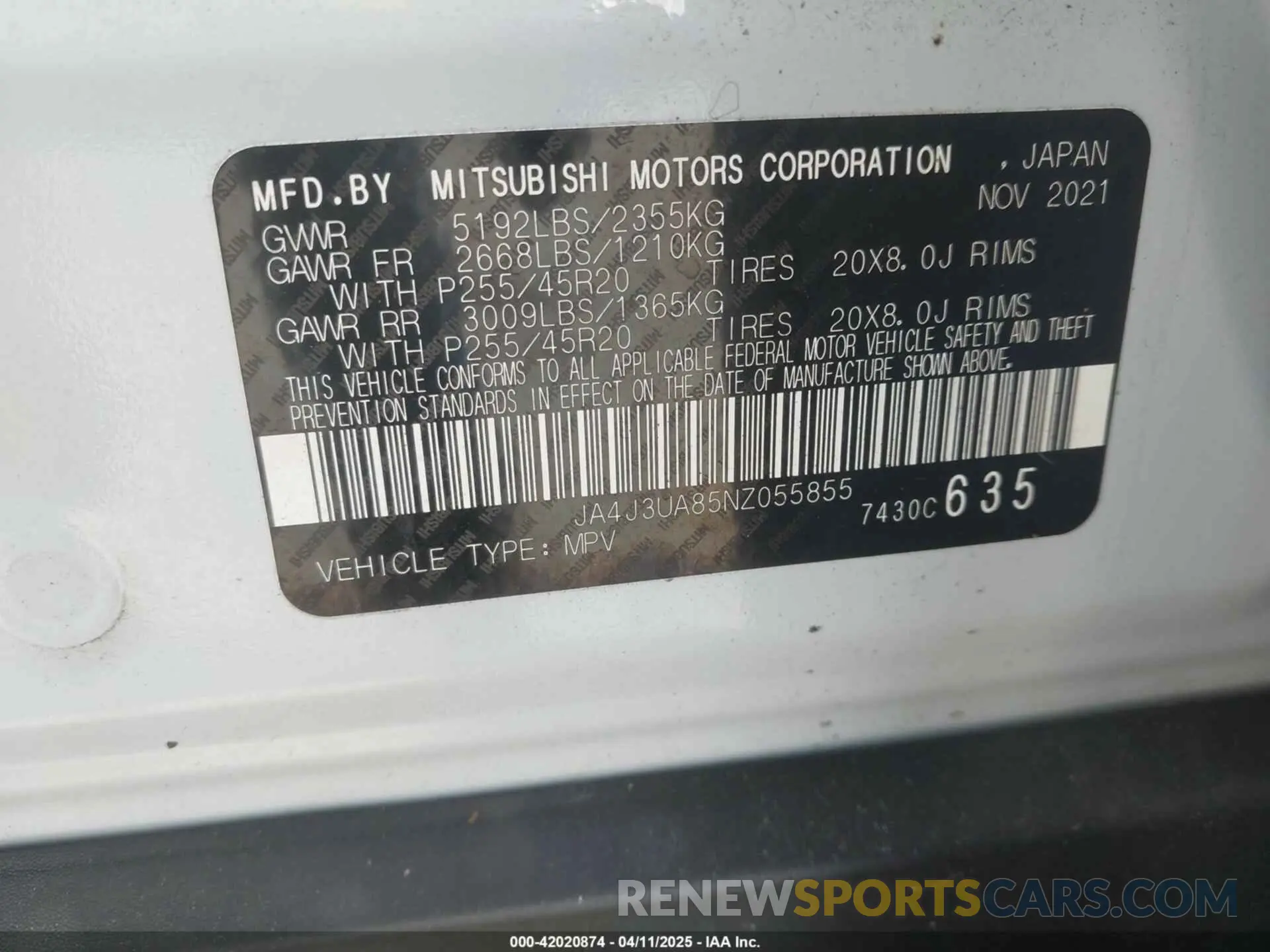 9 fotografías del automóvil dañado JA4J3UA85NZ055855 MITSUBISHI OUTLANDER 2022