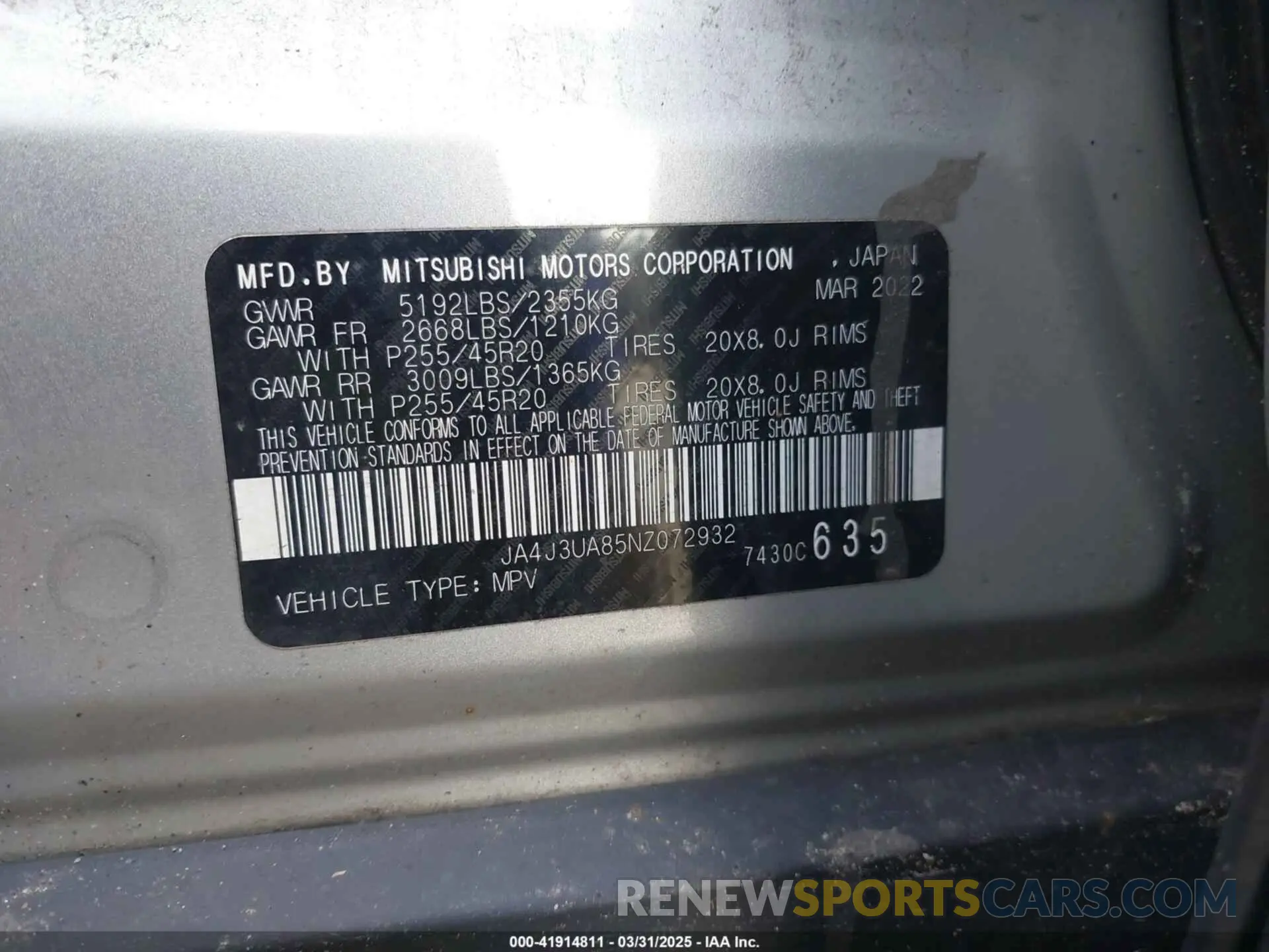 9 fotografías del automóvil dañado JA4J3UA85NZ072932 MITSUBISHI OUTLANDER 2022