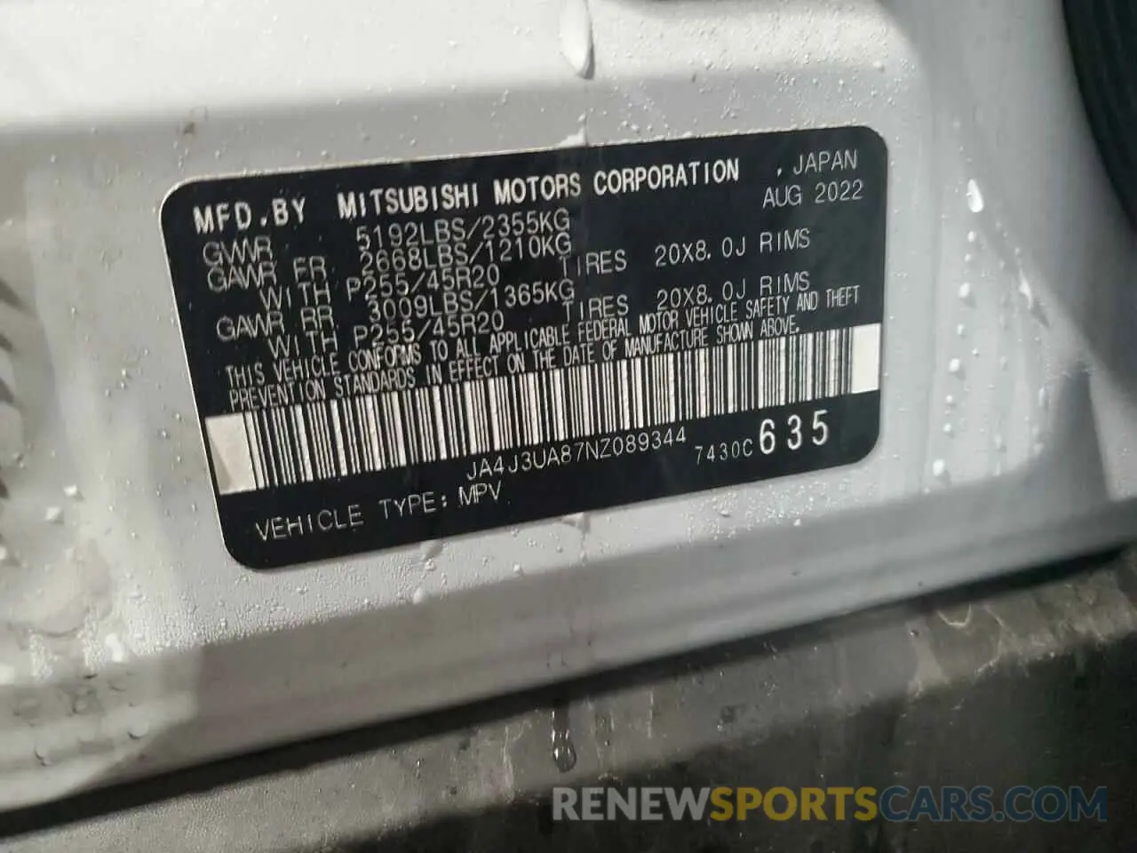 14 fotografías del automóvil dañado JA4J3UA87NZ089344 MITSUBISHI OUTLANDER 2022